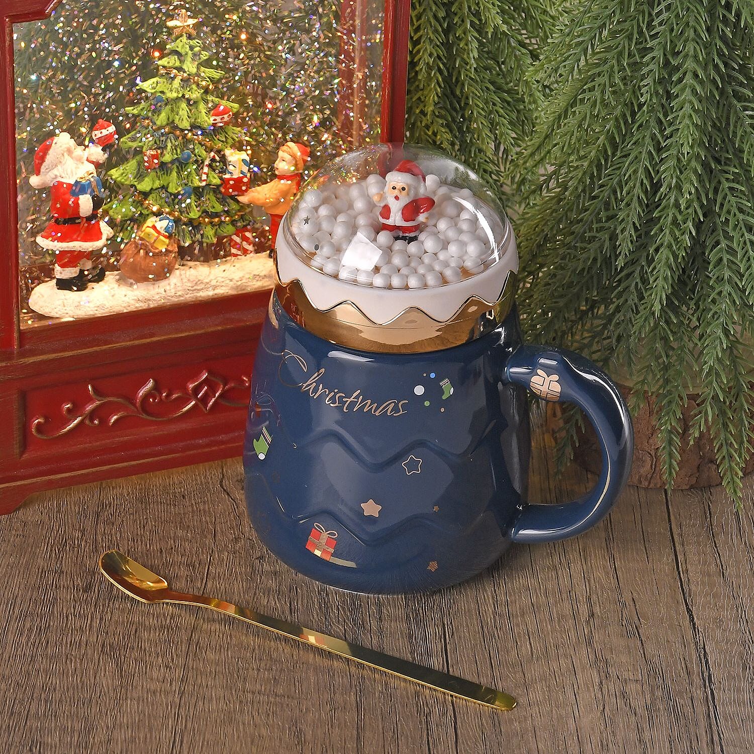 Christmas Ceramic Coffee Mug with Metal Spoon (470ml) - Blue