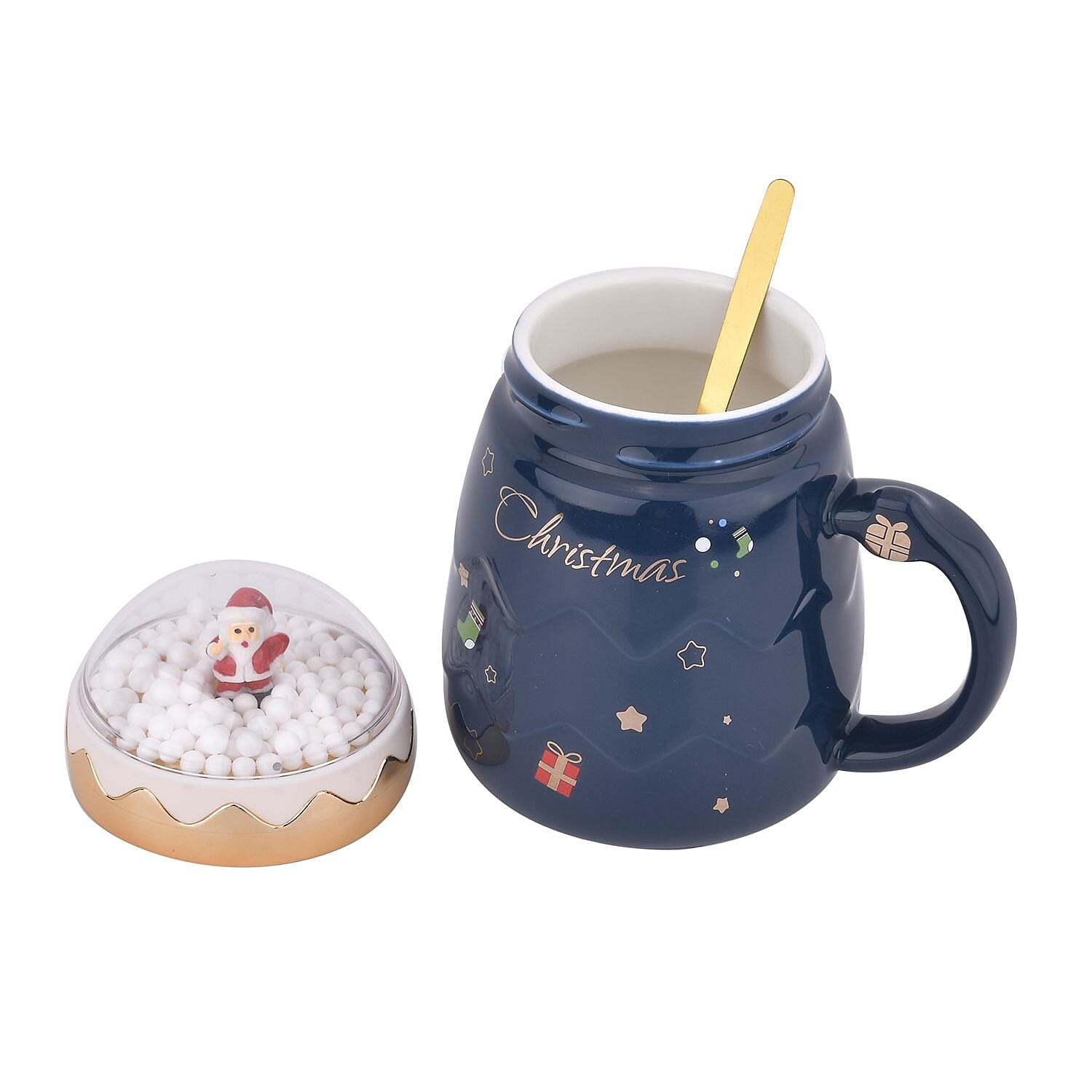 Christmas Ceramic Coffee Mug with Metal Spoon (470ml) - Blue