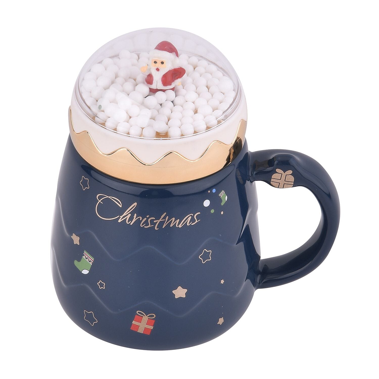 Christmas Ceramic Coffee Mug with Metal Spoon (470ml) - Blue