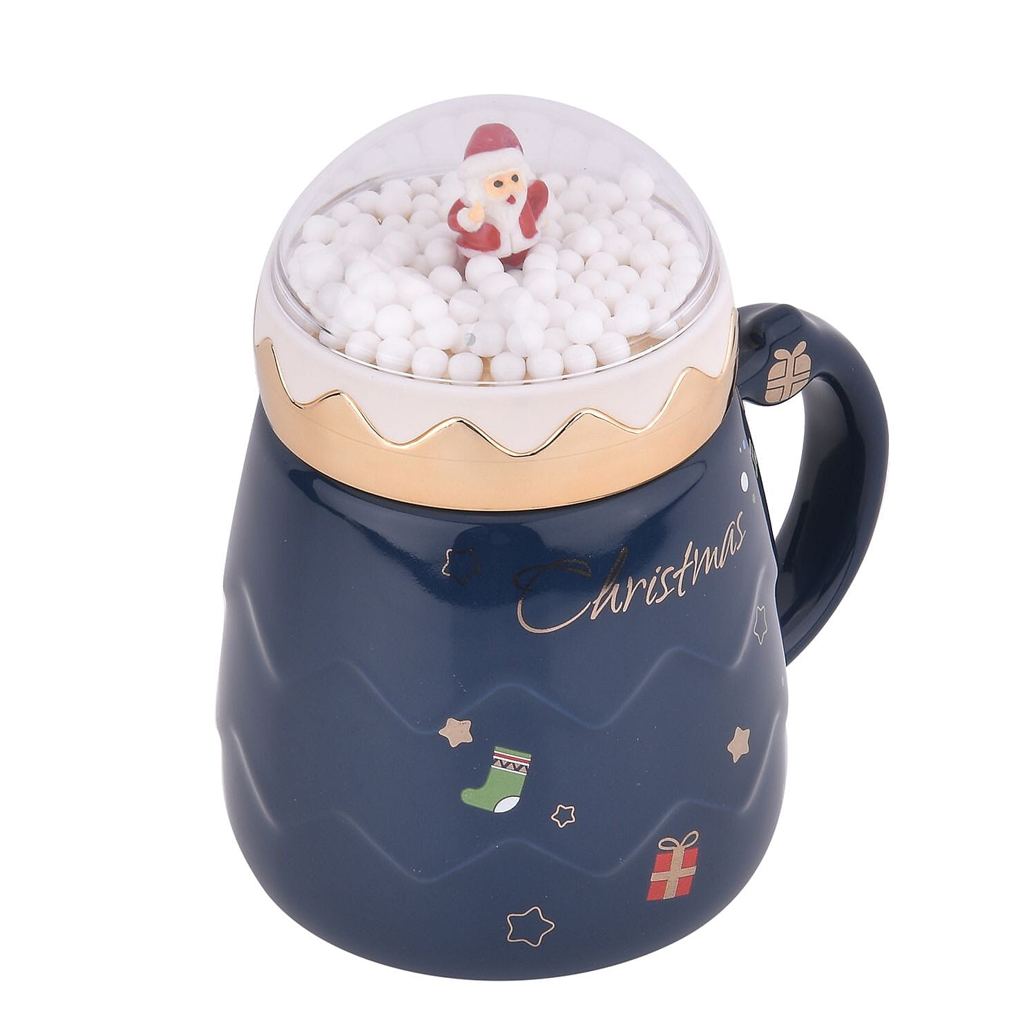 Christmas Ceramic Coffee Mug with Metal Spoon (470ml) - Blue