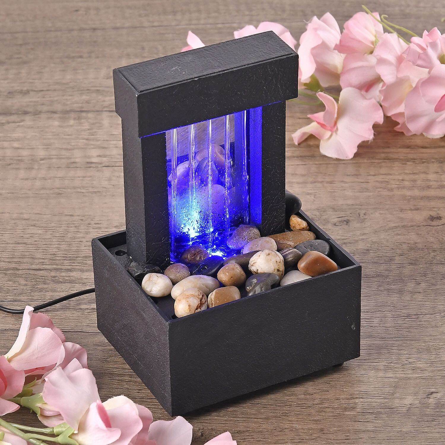 Mini Waterfall Fountain Decor with LED Light & USB Cable (Requires 2xAA Battery Not Inc.) - Black