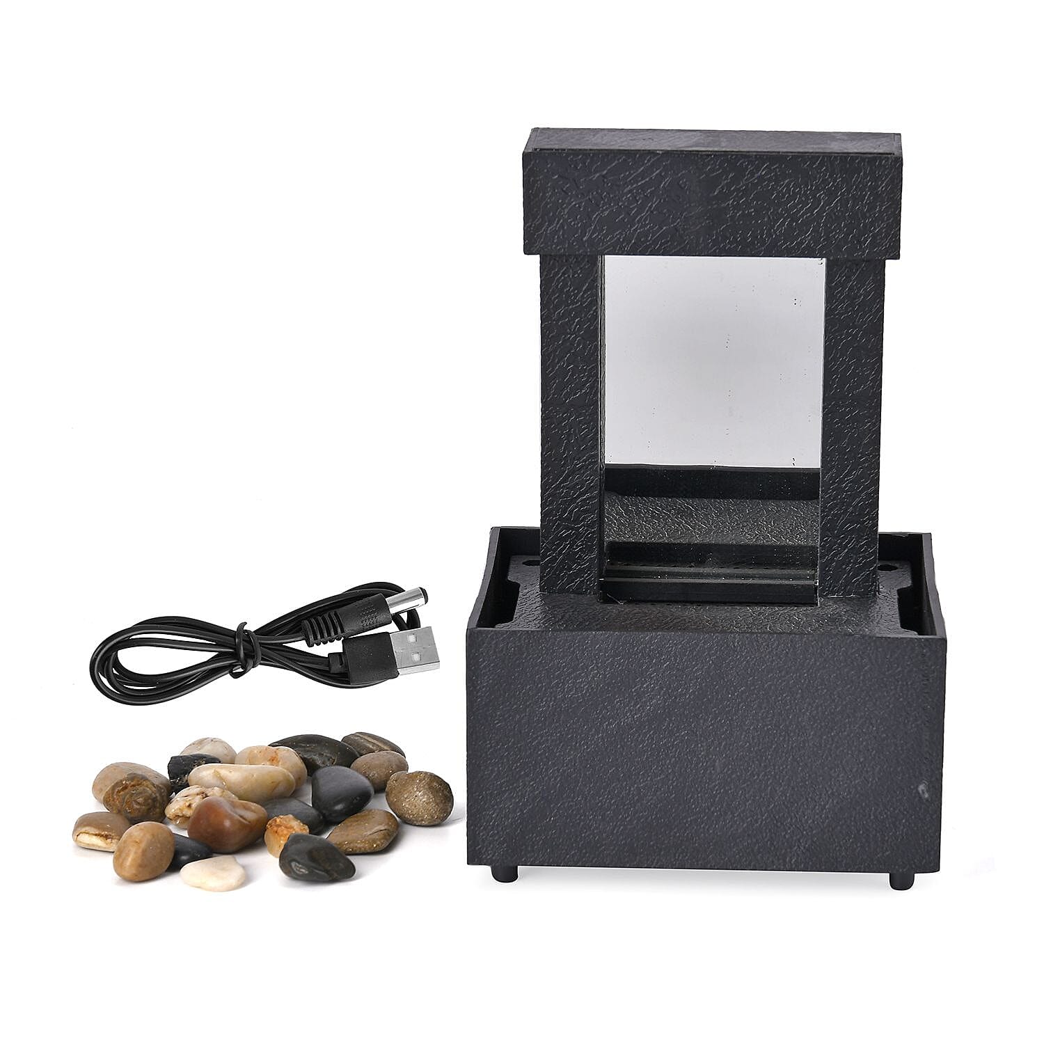 Mini Waterfall Fountain Decor with LED Light - USB Cable (Requires 2xAA Battery Not Inc.) - Black