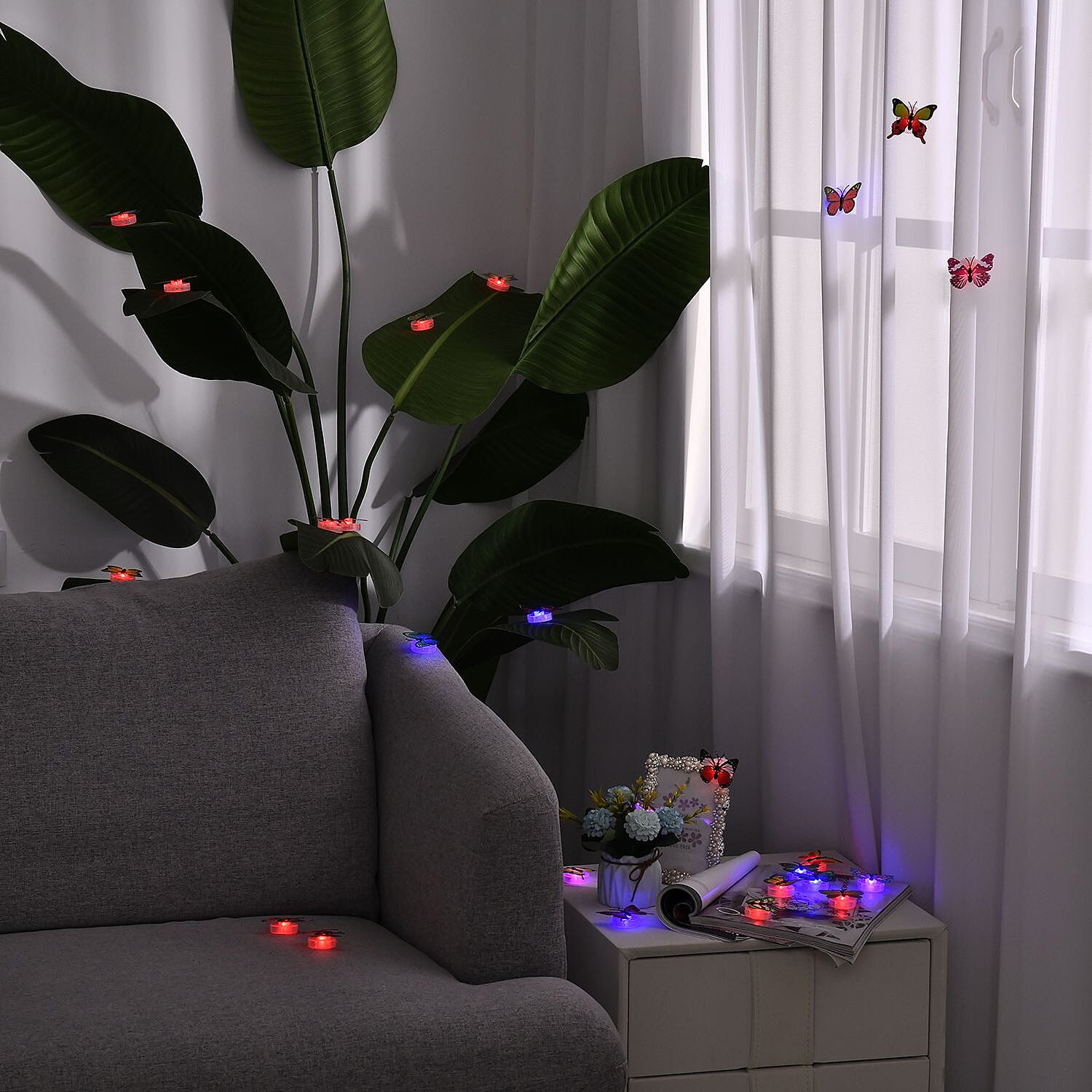 Set of 25 - LED Butterfly With Sticker in Backside (3xButton Battery, Incl) - Multi