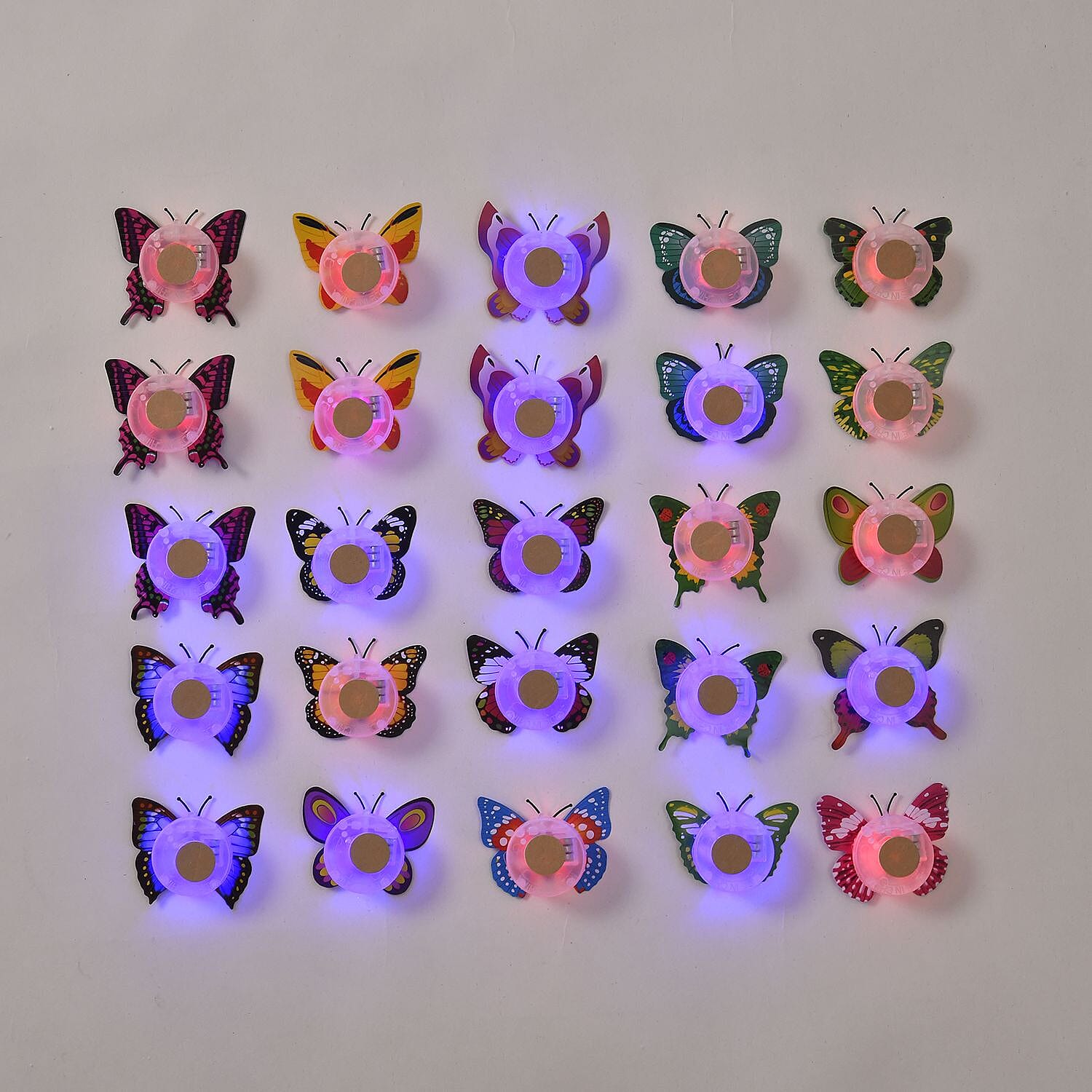 Set of 25 - LED Butterfly With Sticker in Backside (3xButton Battery, Incl) - Multi