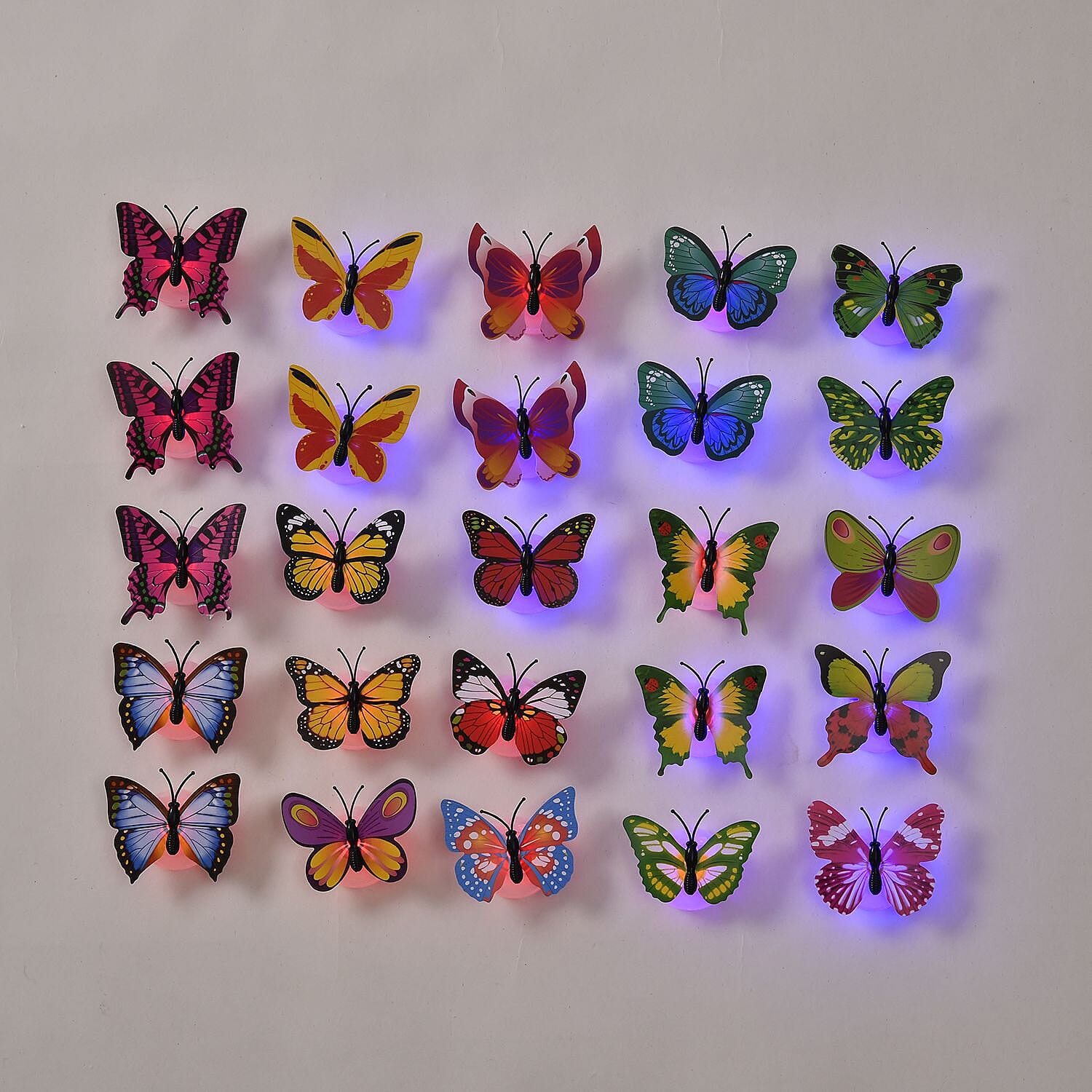 Set of 25 - LED Butterfly With Sticker in Backside (3xButton Battery, Incl) - Multi