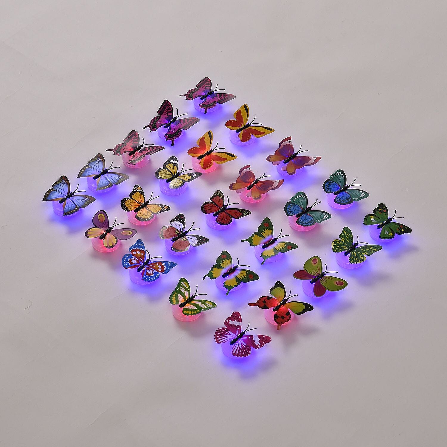 Set of 25 - LED Butterfly With Sticker in Backside (3xButton Battery, Incl) - Multi