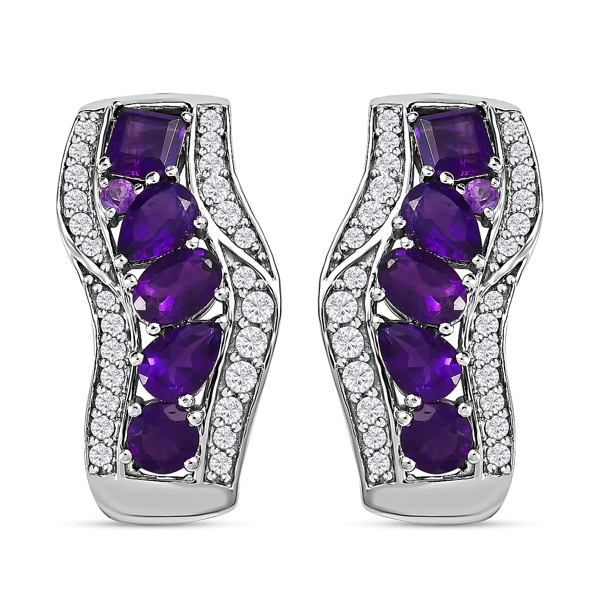 GP Art Deco Collection - Amethyst & Natural Zircon Earrings in Platinum Overlay Sterling Silver 5.32 Ct.