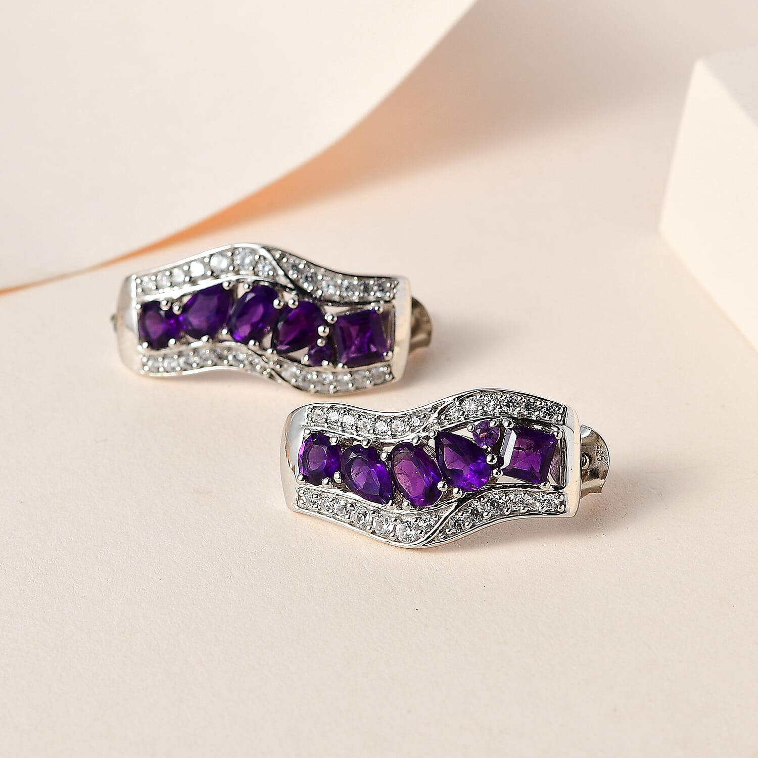 GP Art Deco Collection - Amethyst & Natural Zircon Earrings in Platinum Overlay Sterling Silver 5.32 Ct.