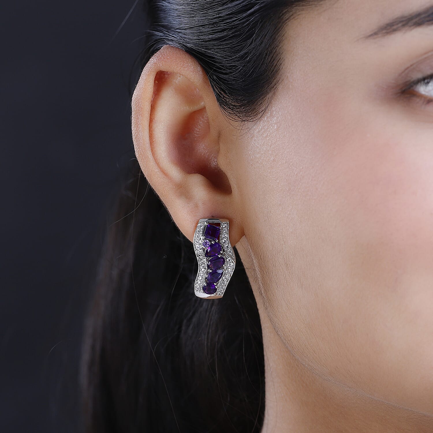 GP Art Deco Collection - Amethyst & Natural Zircon Earrings in Platinum Overlay Sterling Silver 5.32 Ct.