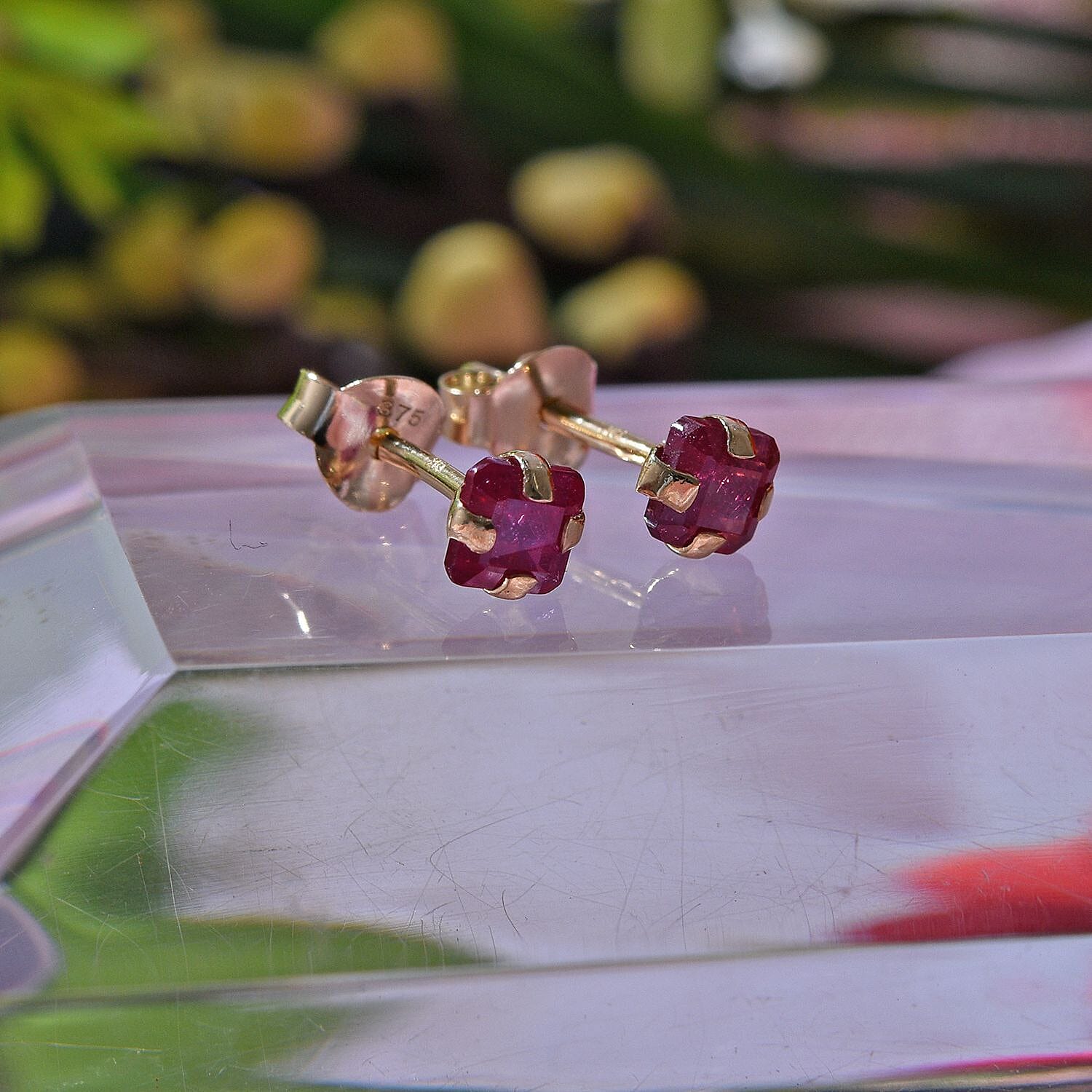 9K Yellow Gold  African Ruby Earring 1.14 Ct.
