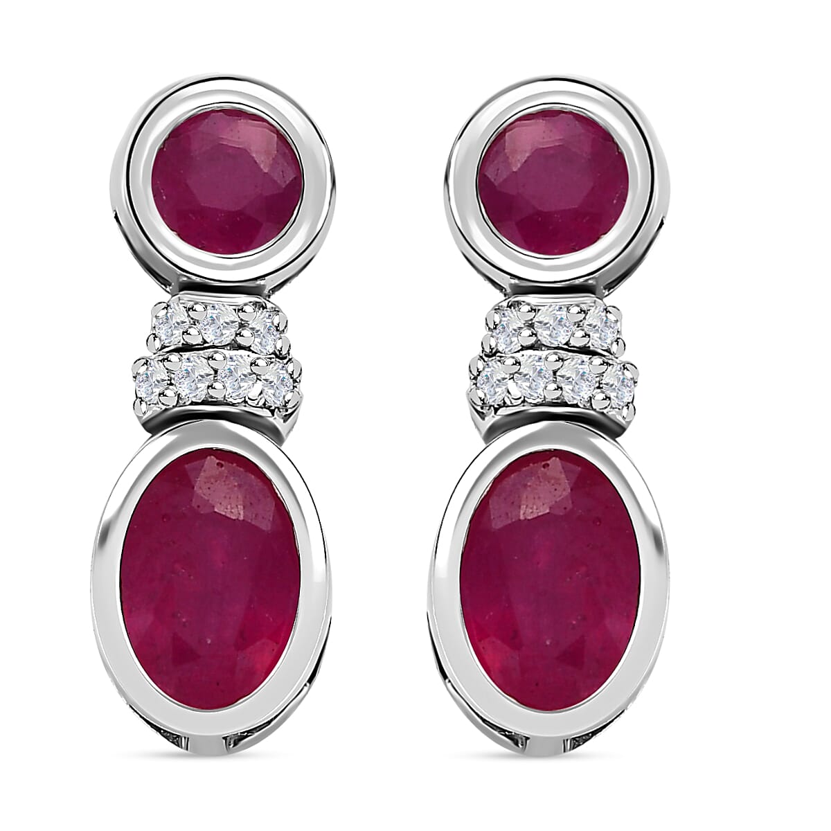 African Ruby & Natural Zircon Dangle Earrings in Platinum Overlay Sterling Silver 1.95 Ct.