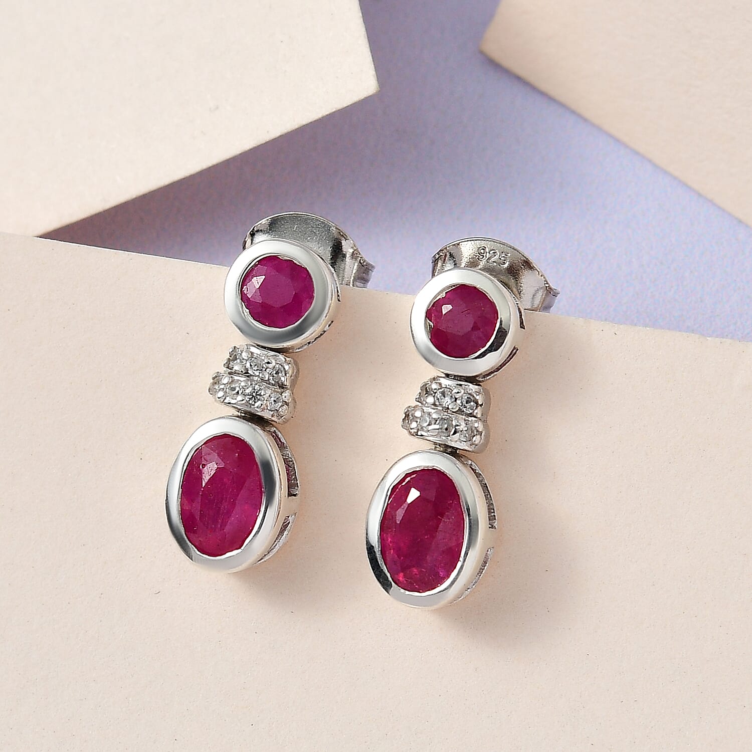 African Ruby & Natural Zircon Dangle Earrings in Platinum Overlay Sterling Silver 1.95 Ct.