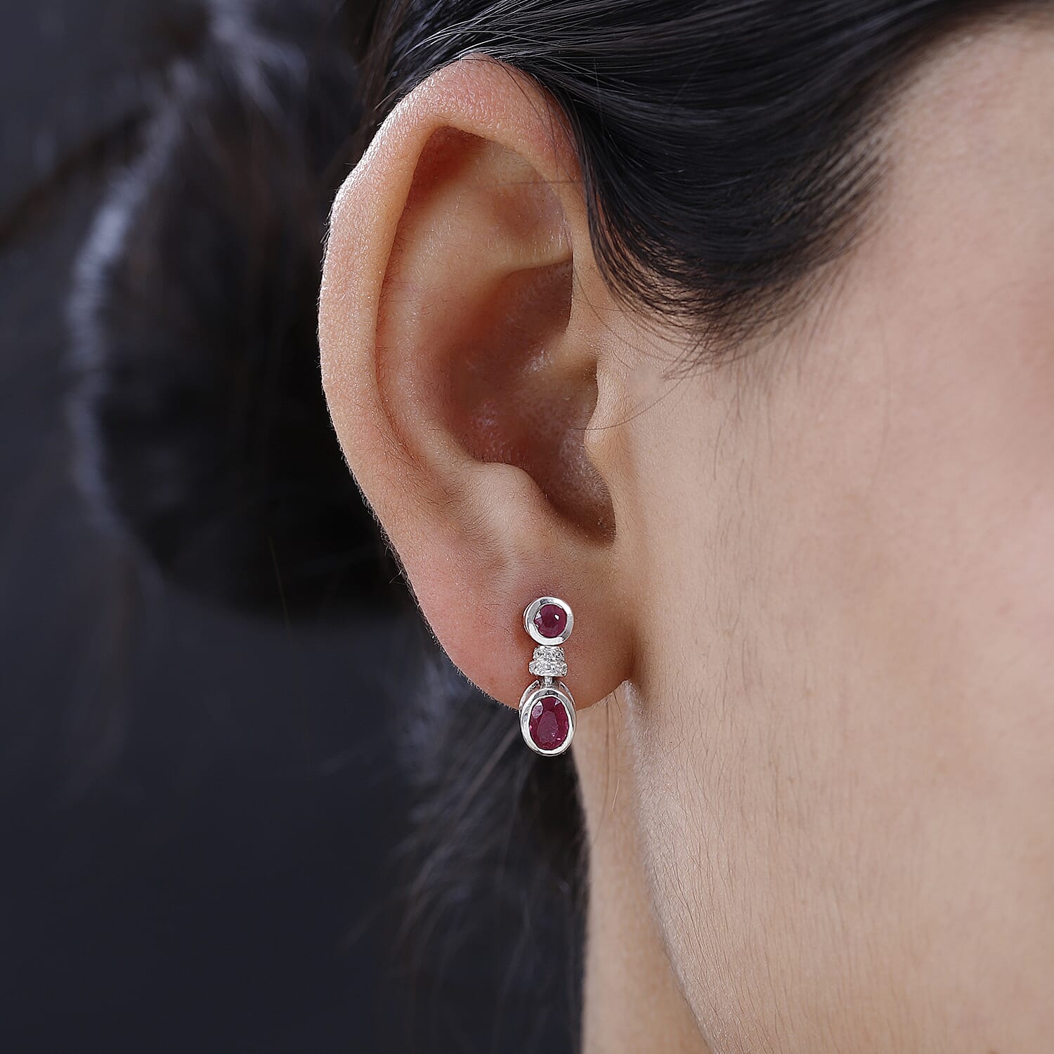African Ruby & Natural Zircon Dangle Earrings in Platinum Overlay Sterling Silver 1.95 Ct.