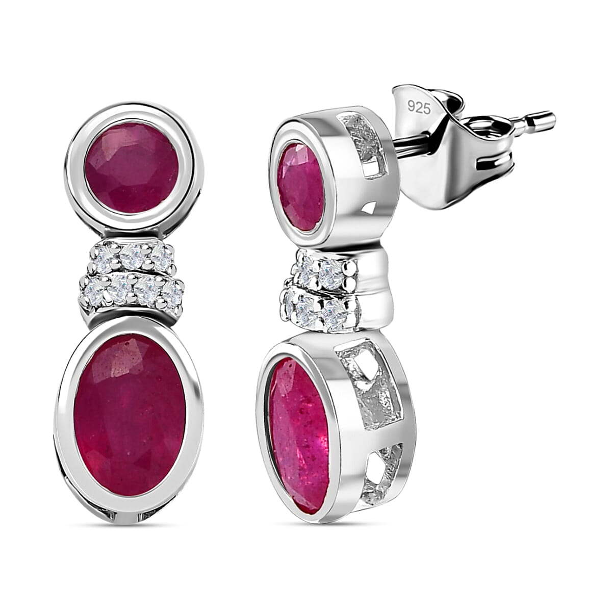African Ruby & Natural Zircon Dangle Earrings in Platinum Overlay Sterling Silver 1.95 Ct.