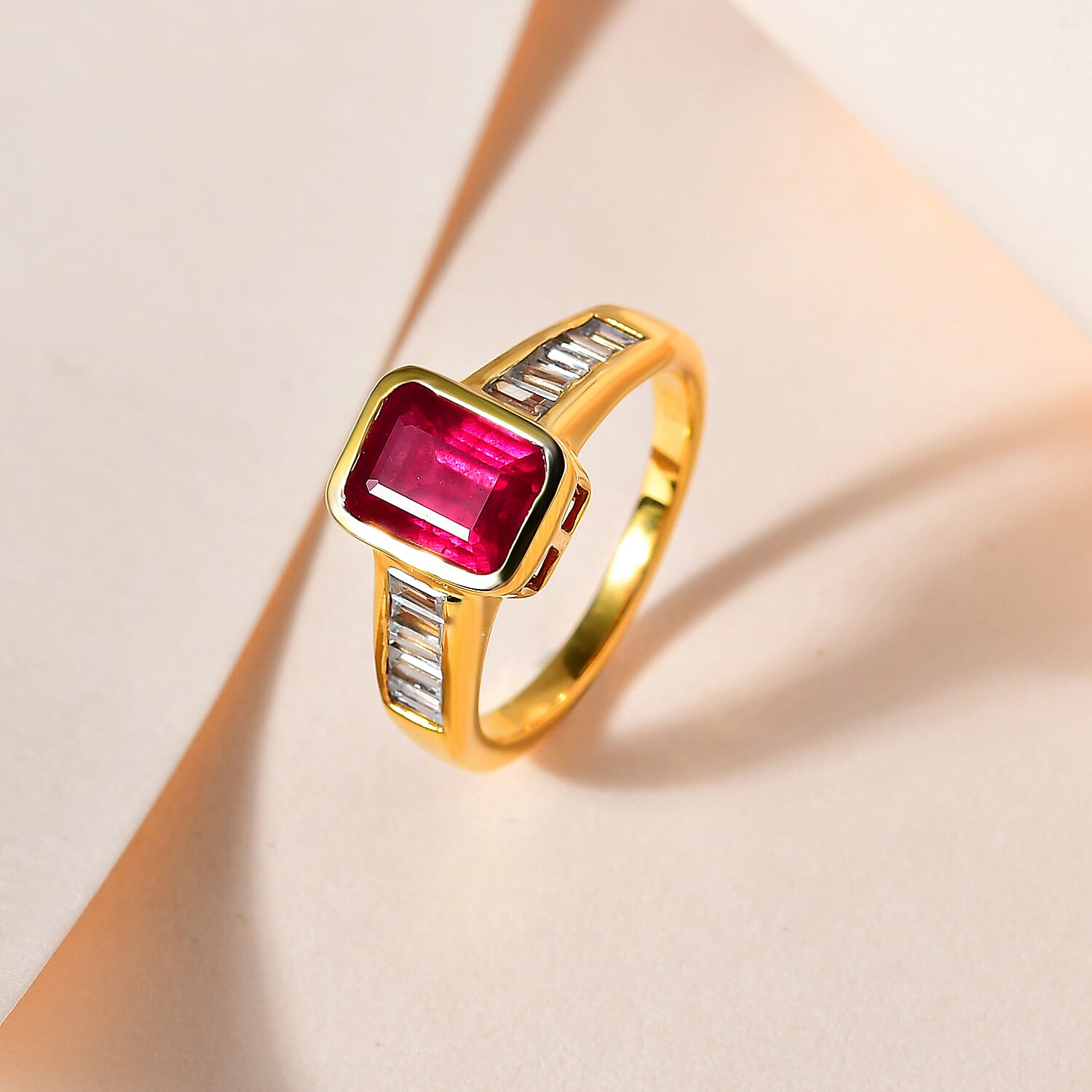African Ruby & Natural Zircon Ring in 18K Yellow Gold Vermeil Plated Sterling Silver 3.21 Ct.