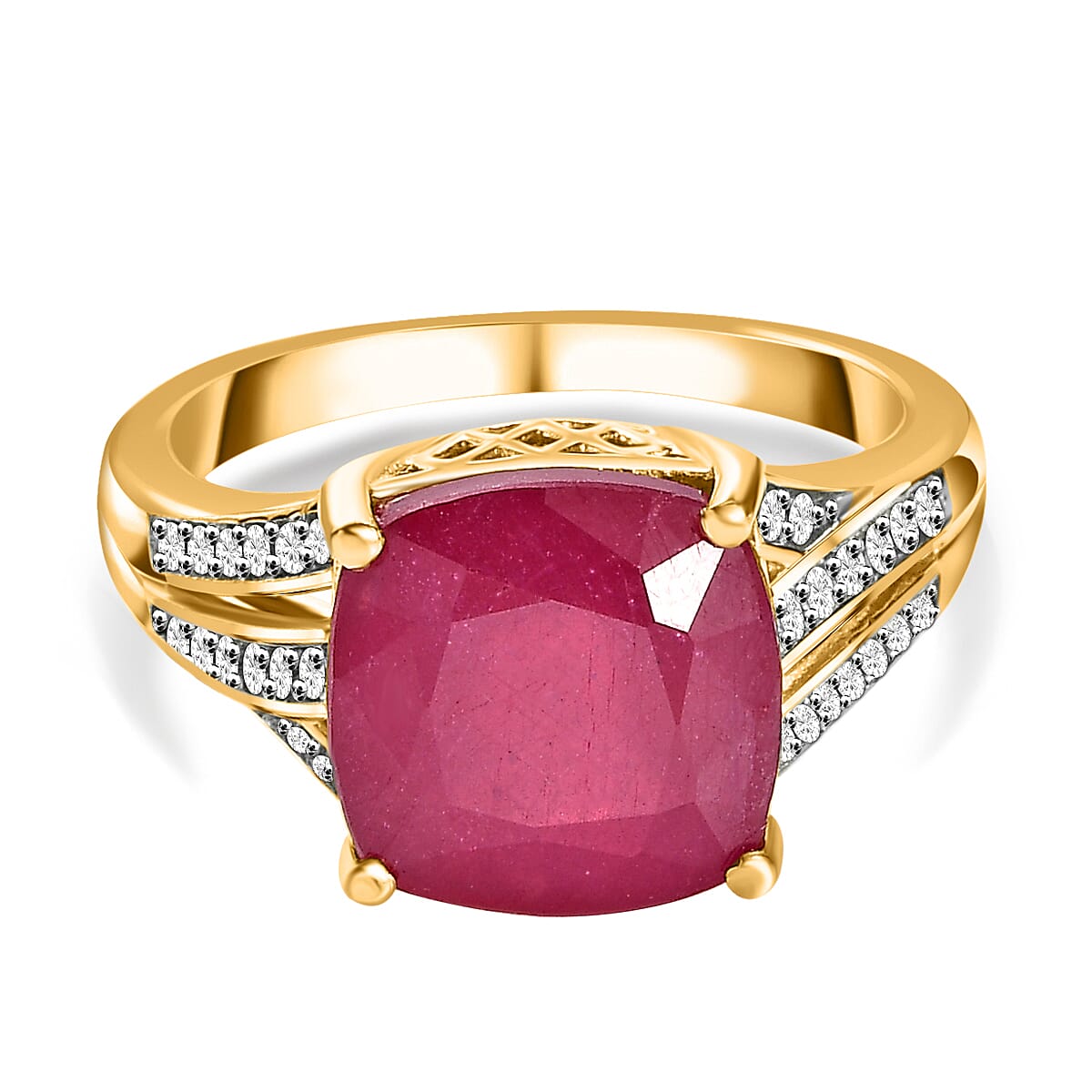 African Ruby & Natural Zircon Ring in 18K Yellow Gold Vermeil Plated Sterling Silver 6.67 Ct.