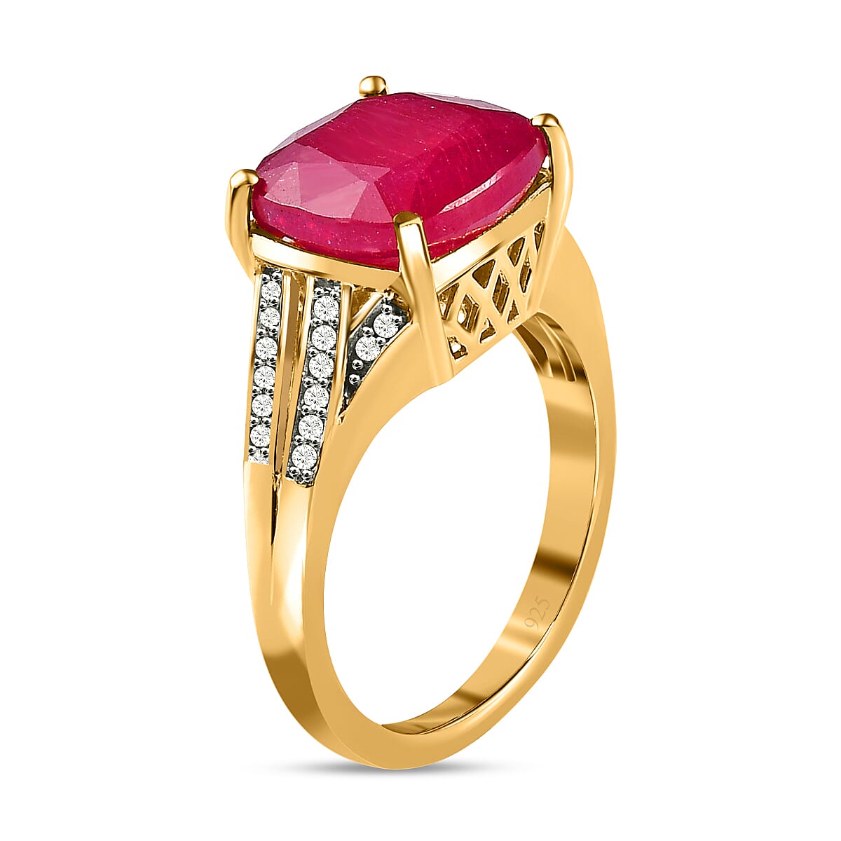 African Ruby & Natural Zircon Ring in 18K Yellow Gold Vermeil Plated Sterling Silver 6.67 Ct.