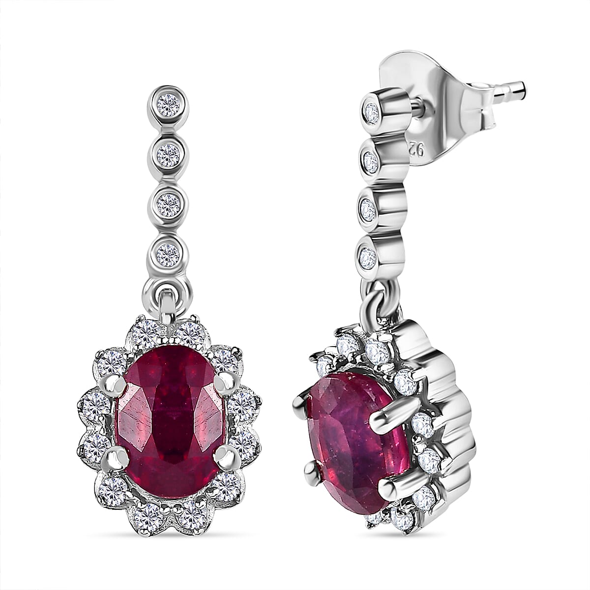 African Ruby & Natural Zircon Dangle Earrings in Platinum Overlay Sterling Silver 2.86 Ct.