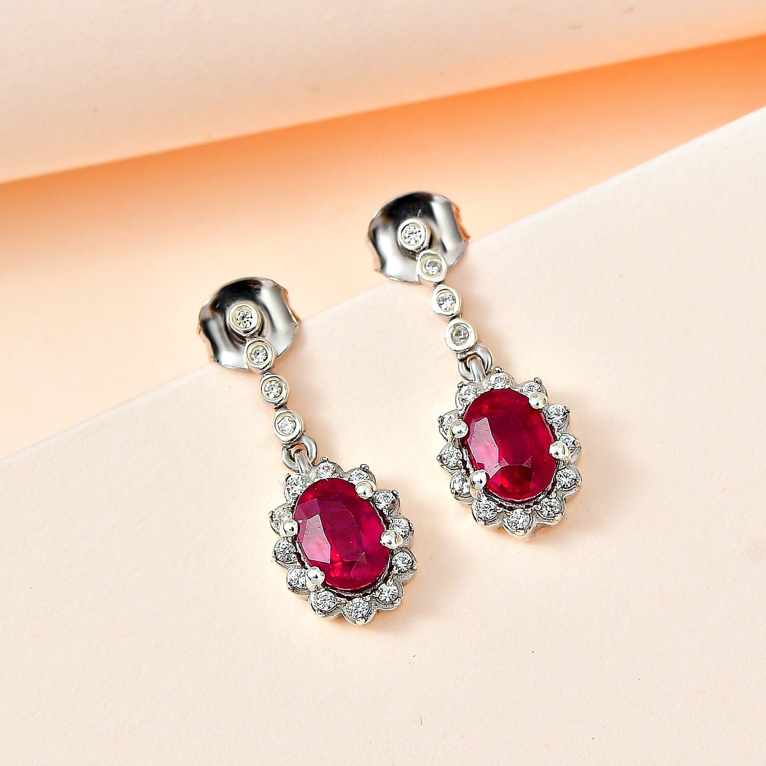 African Ruby & Natural Zircon Dangle Earrings in Platinum Overlay Sterling Silver 2.86 Ct.