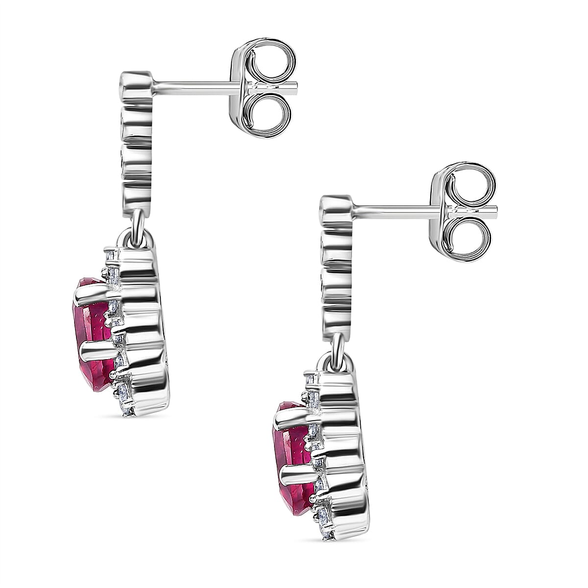 African Ruby & Natural Zircon Dangle Earrings in Platinum Overlay Sterling Silver 2.86 Ct.