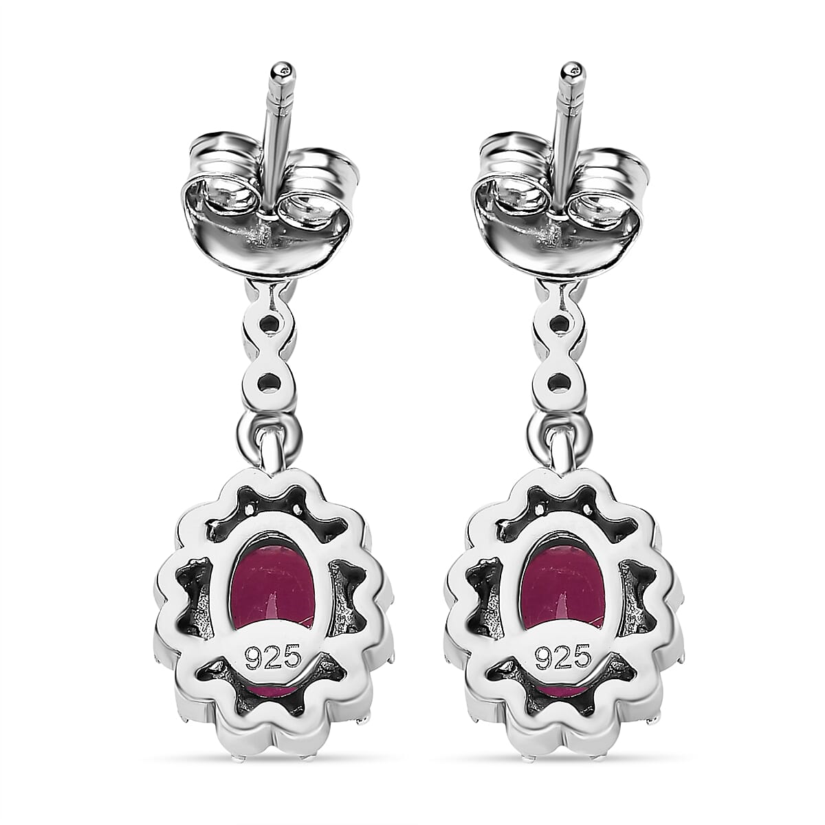 African Ruby & Natural Zircon Dangle Earrings in Platinum Overlay Sterling Silver 2.86 Ct.