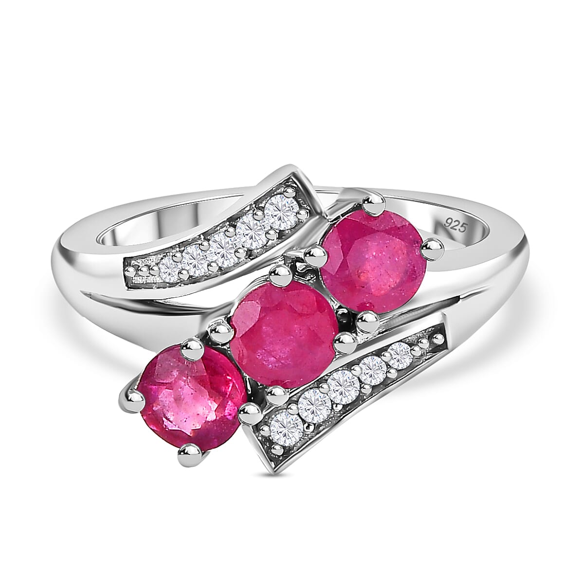 Natural African Ruby and Natural Zircon Bypass Ring in Platinum Overlay Sterling Silver