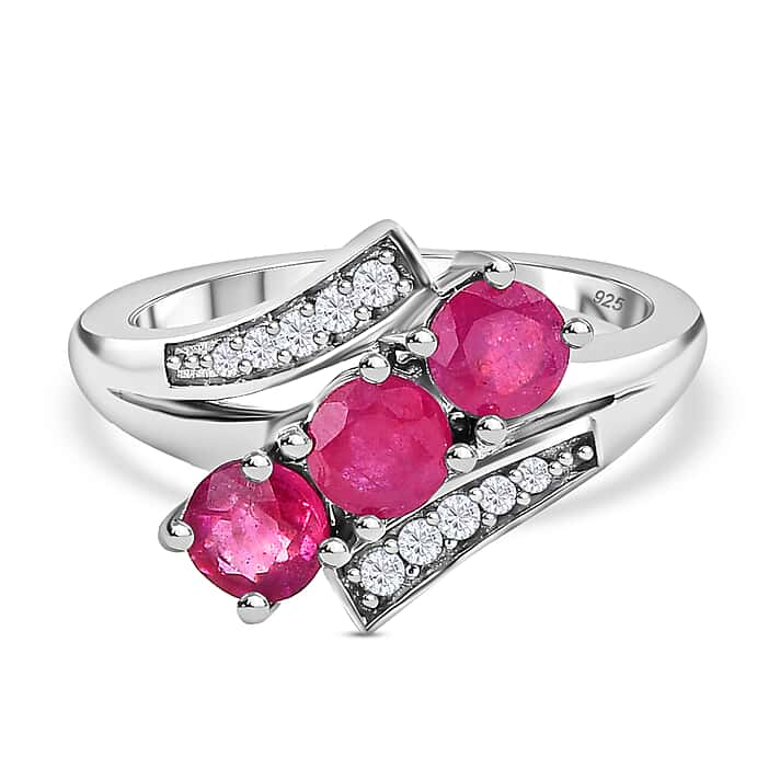 Natural African Ruby and Natural Zircon Bypass Ring in Platinum Overlay Sterling Silver