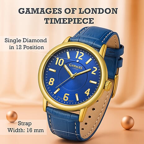 GAMAGES OF LONDON Mantua Diamond Swiss Quartz Movement Water Resistant Ladies Watch with Navy Blue Leather Strap