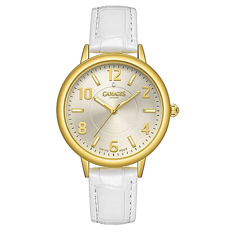GAMAGES OF LONDON Mantua Diamond Swiss Quartz Movement Water Resistant Ladies Watch with Bone White Leather Strap