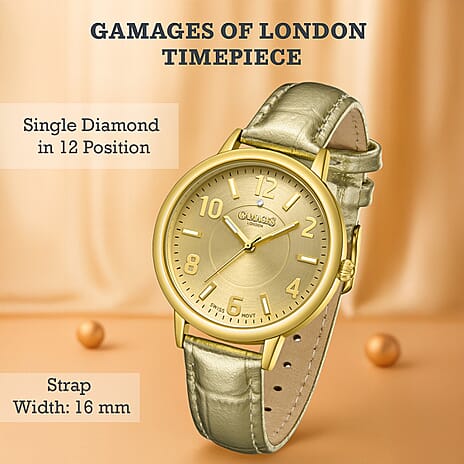 GAMAGES OF LONDON Mantua Diamond Swiss Quartz Movement Water Resistant Ladies Watch with Gold Leather Strap