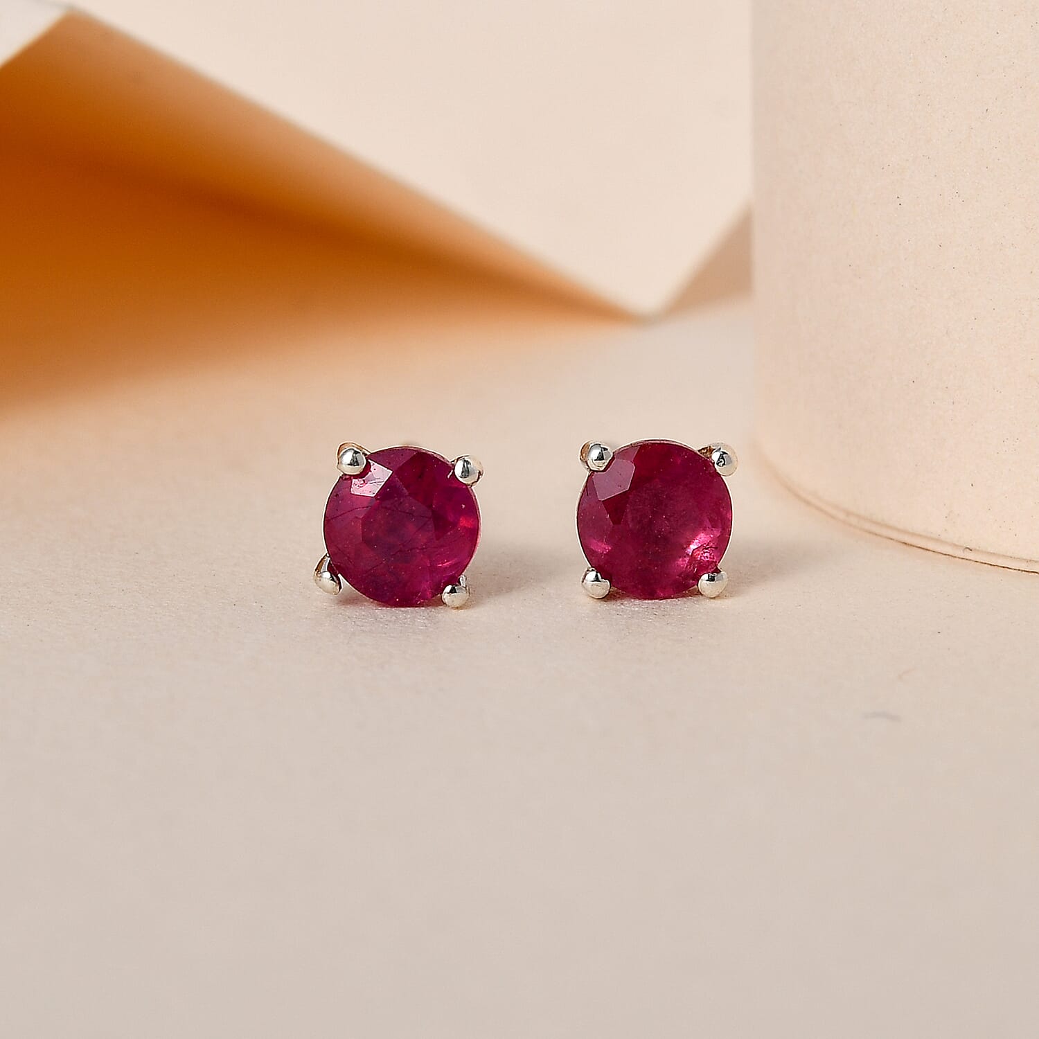 Ruby Stud Earrings (Sterling Silver) - Natural Faceted Ruby Studs online - 7 mm