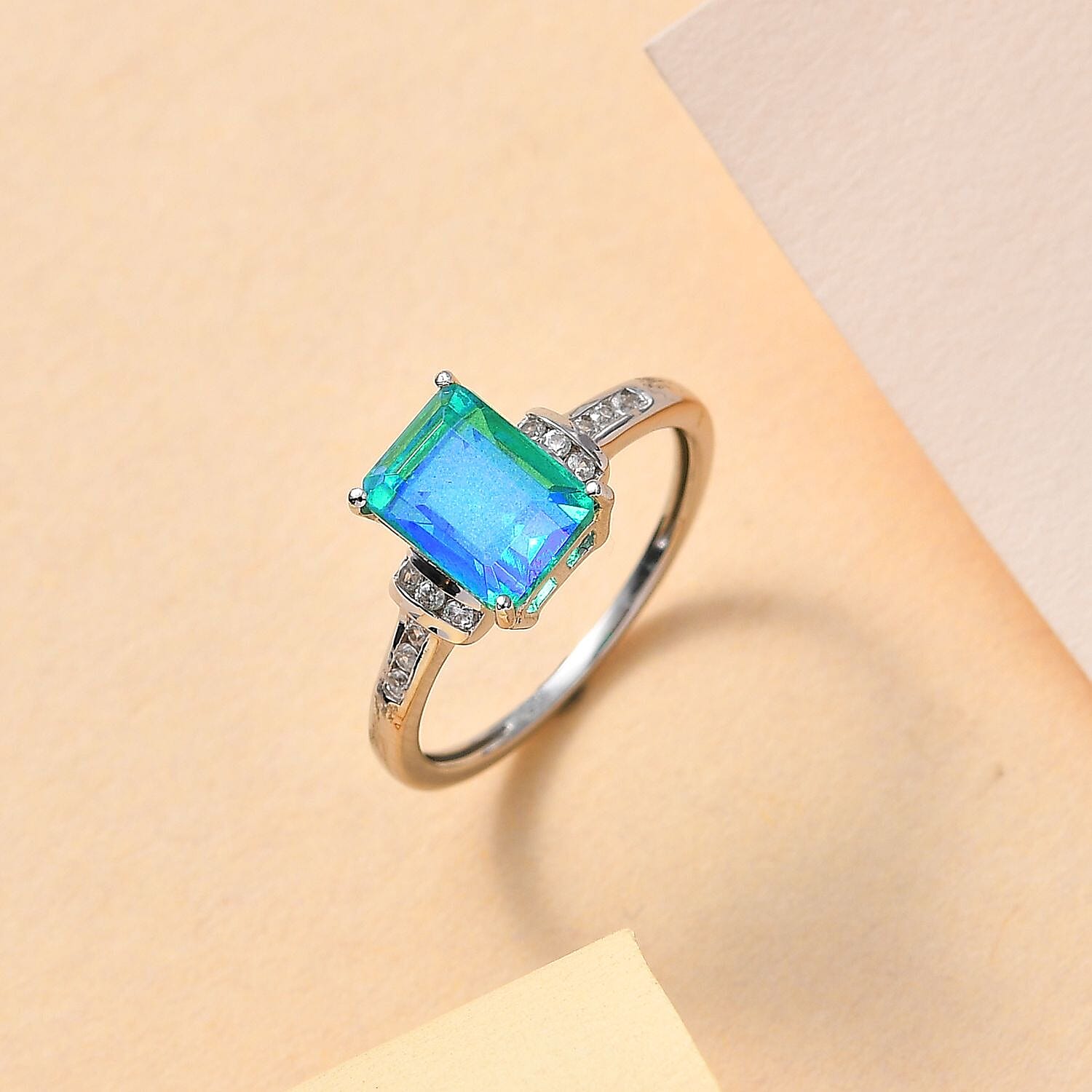 Peacock Triplet Quartz & Natural Zircon Ring in Platinum Overlay Sterling Silver 2.32 Ct.