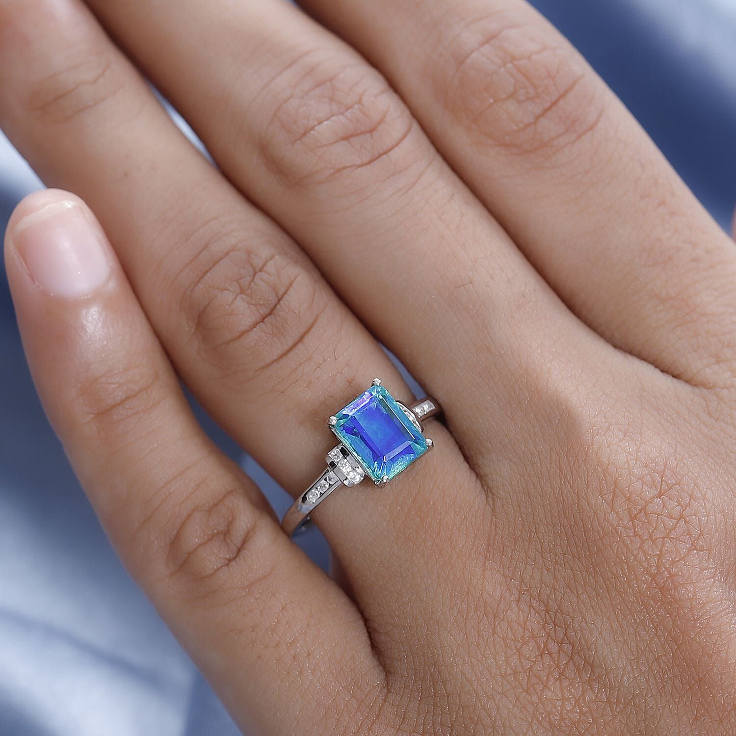 Peacock Triplet Quartz & Natural Zircon Ring in Platinum Overlay Sterling Silver 2.32 Ct.