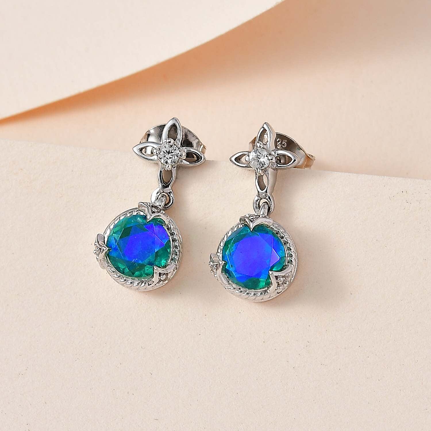 Peacock Triplet Quartz and Natural Zircon Earrings in Platinum Overlay Sterling Silver 2.36 Ct.