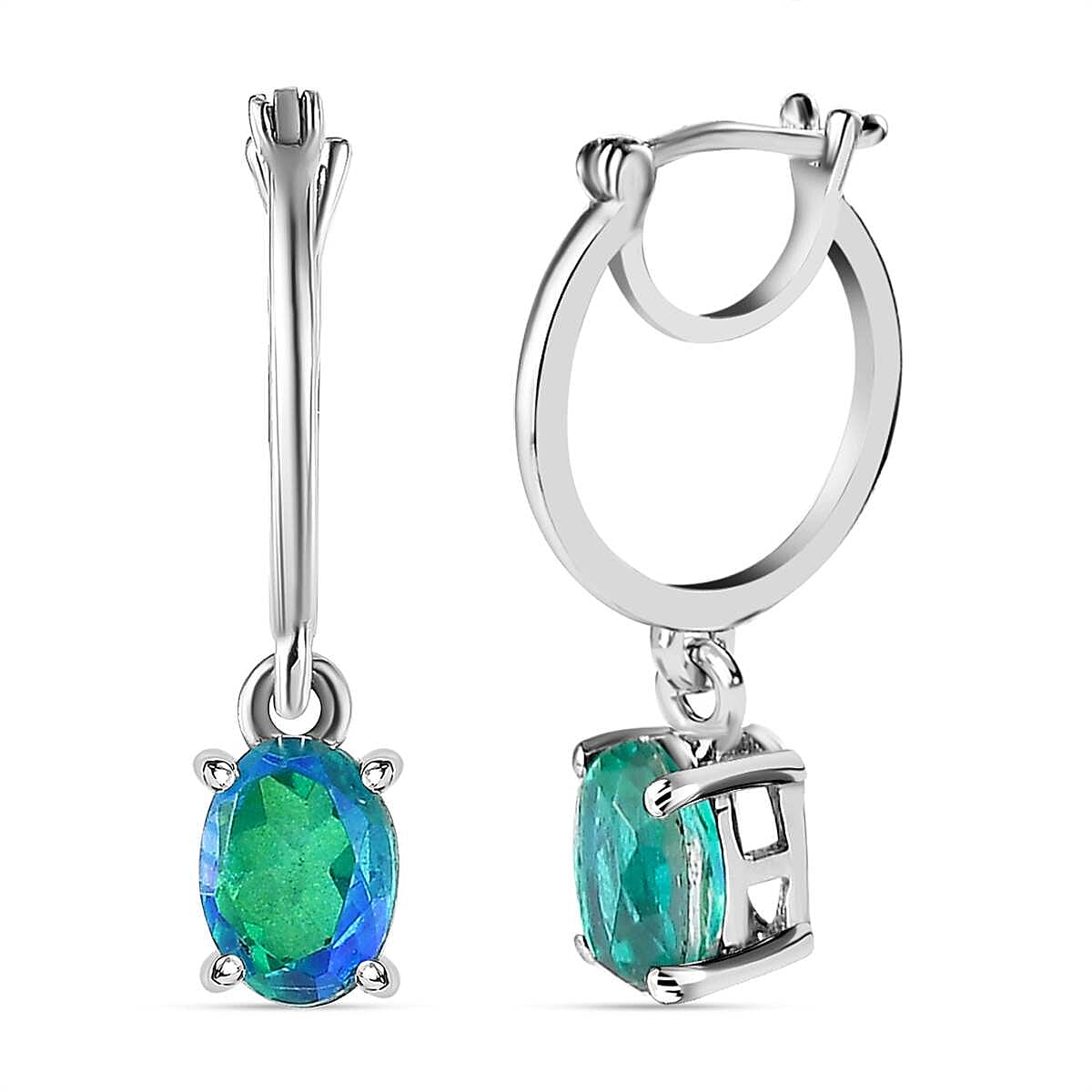Peacock Triplet Quartz Hoop Earrings with Clasp in Platinum Overlay Sterling Silver 1.84 Ct.