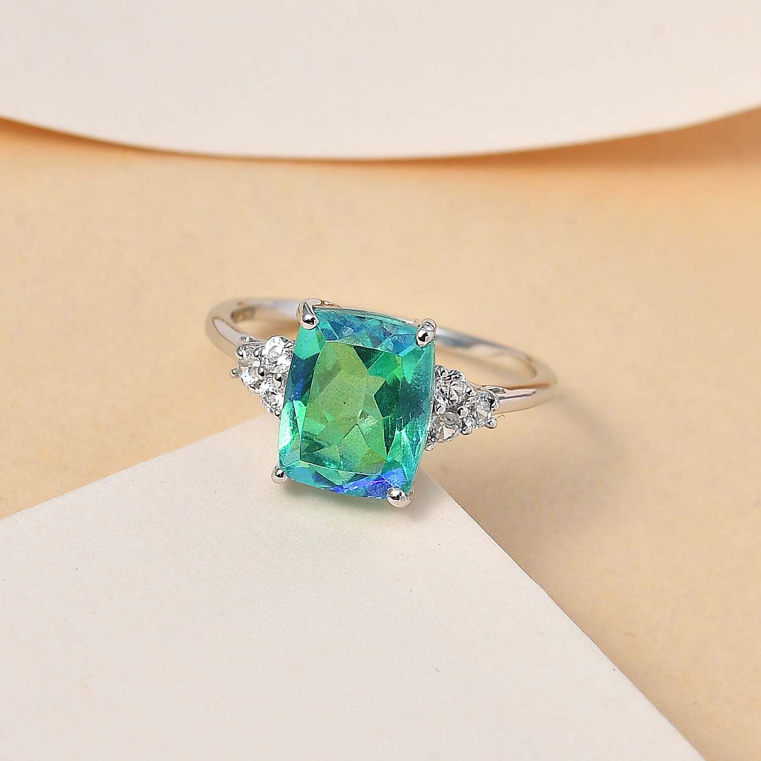 Peacock Quartz & Natural Zircon Ring in Platinum Overlay Sterling Silver 3.50 Ct.