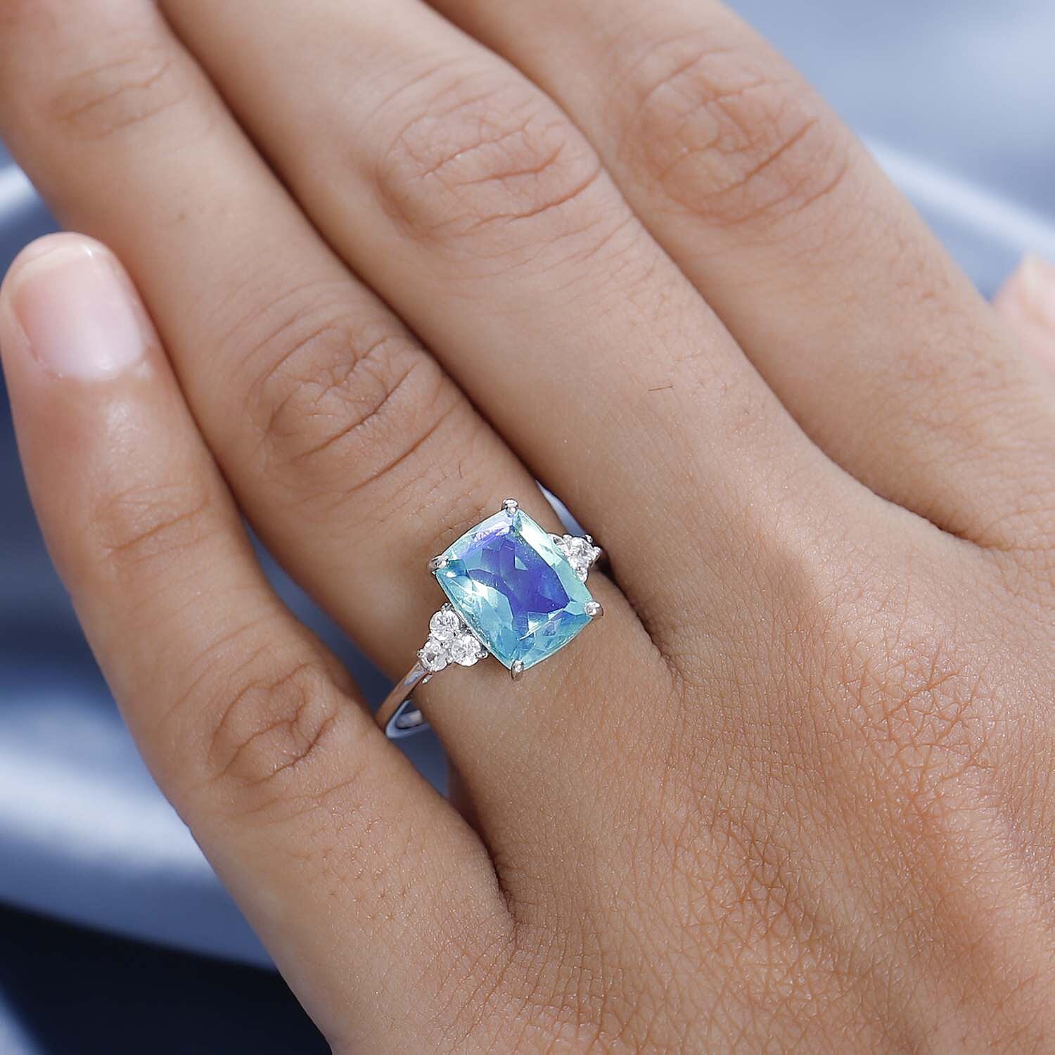 Peacock Quartz & Natural Zircon Ring in Platinum Overlay Sterling Silver 3.50 Ct.