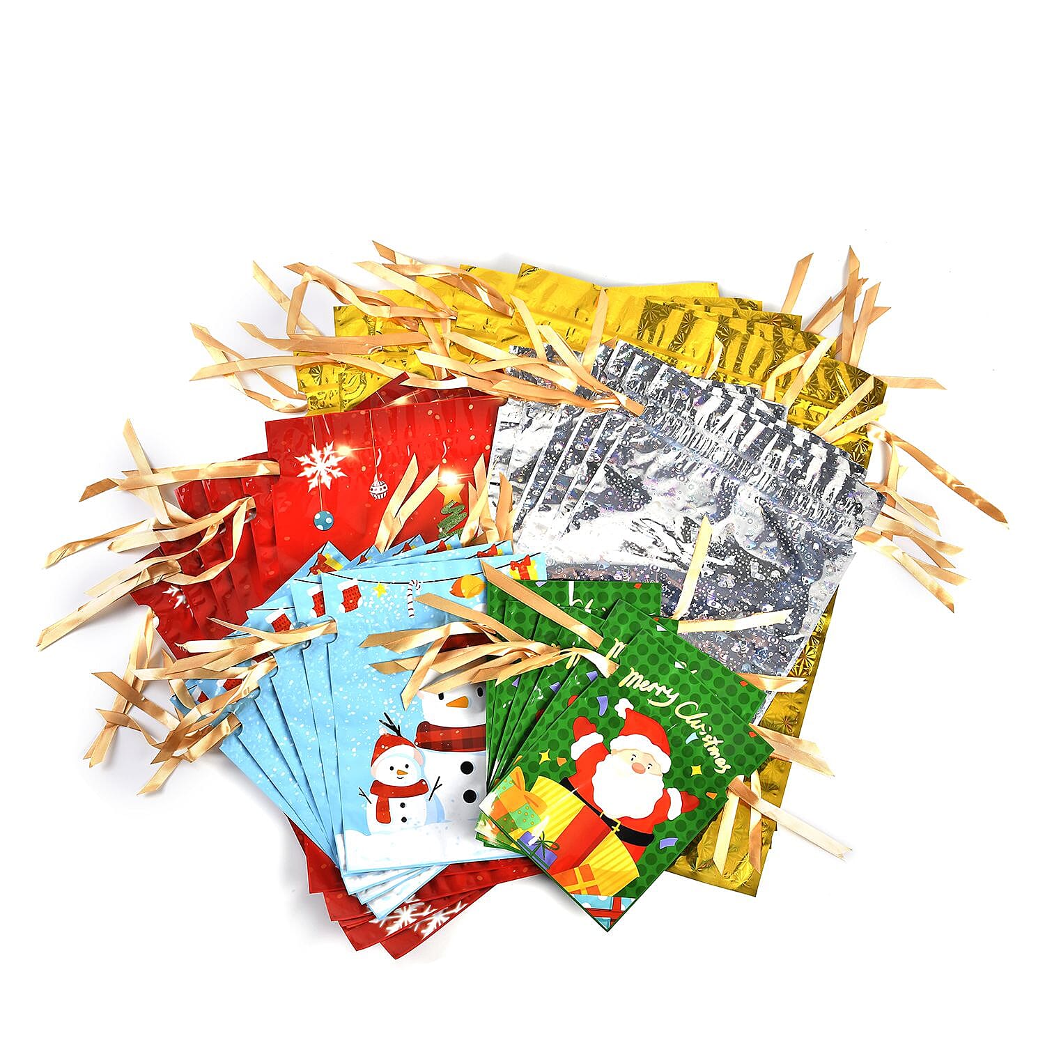 SET OF 30 - Christmas Foil Gift Bags Wrapped With Chiffon Draw String - Multi