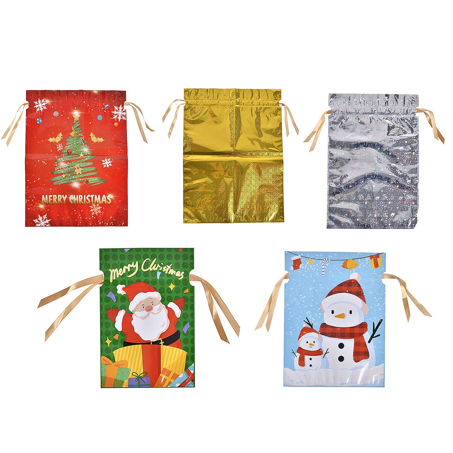 SET OF 30 - Christmas Foil Gift Bags Wrapped With Chiffon Draw String - Multi