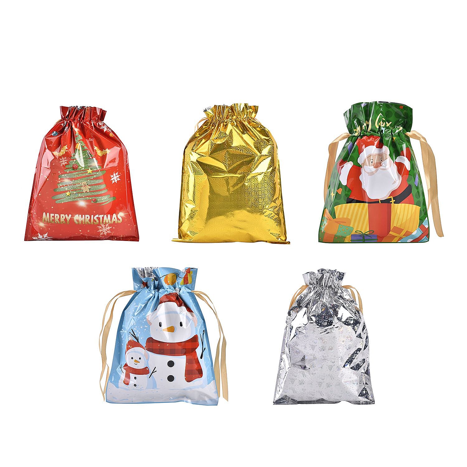 SET OF 30 - Christmas Foil Gift Bags Wrapped With Chiffon Draw String - Multi