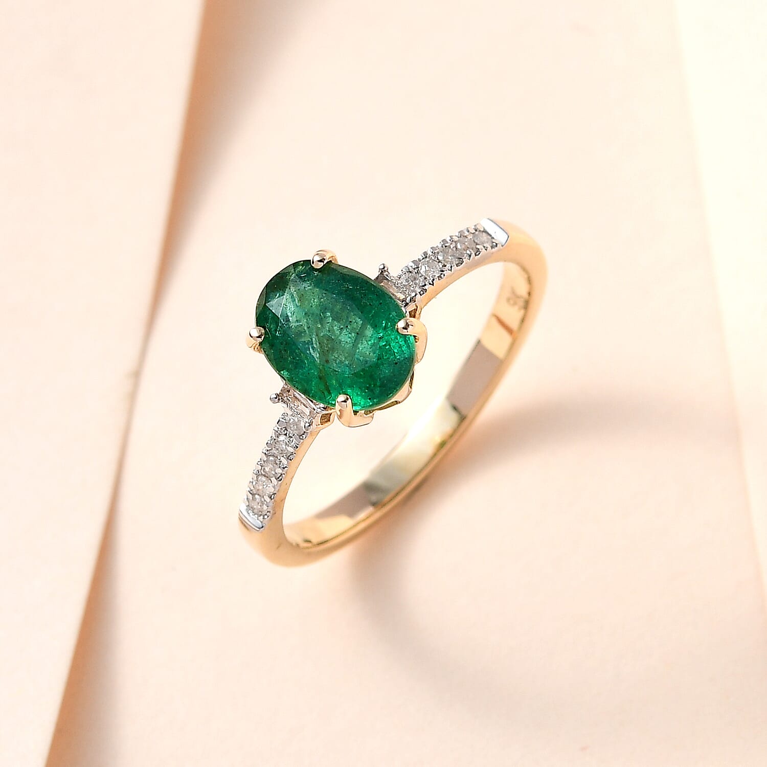 9K Yellow Gold AAA Gemfields Emerald and Diamond Ring 1.27 Ct. 9K Yellow Gold AAA Gemfields Emerald and Diamond Ring 1.27 Ct.