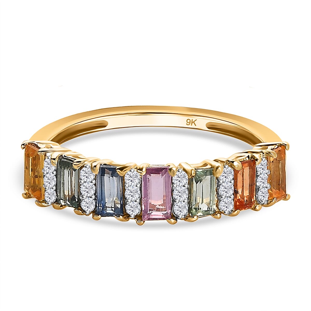 9K Yellow Gold Multi Sapphire and Natural Zircon Ring 1.21 Ct