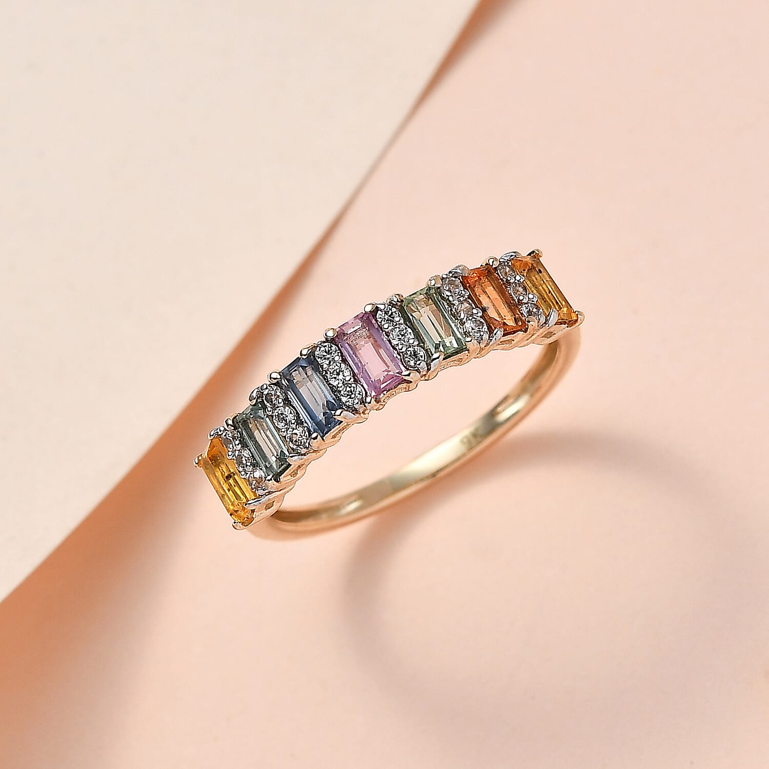 9K Yellow Gold Multi Sapphire and Natural Zircon Ring 1.21 Ct