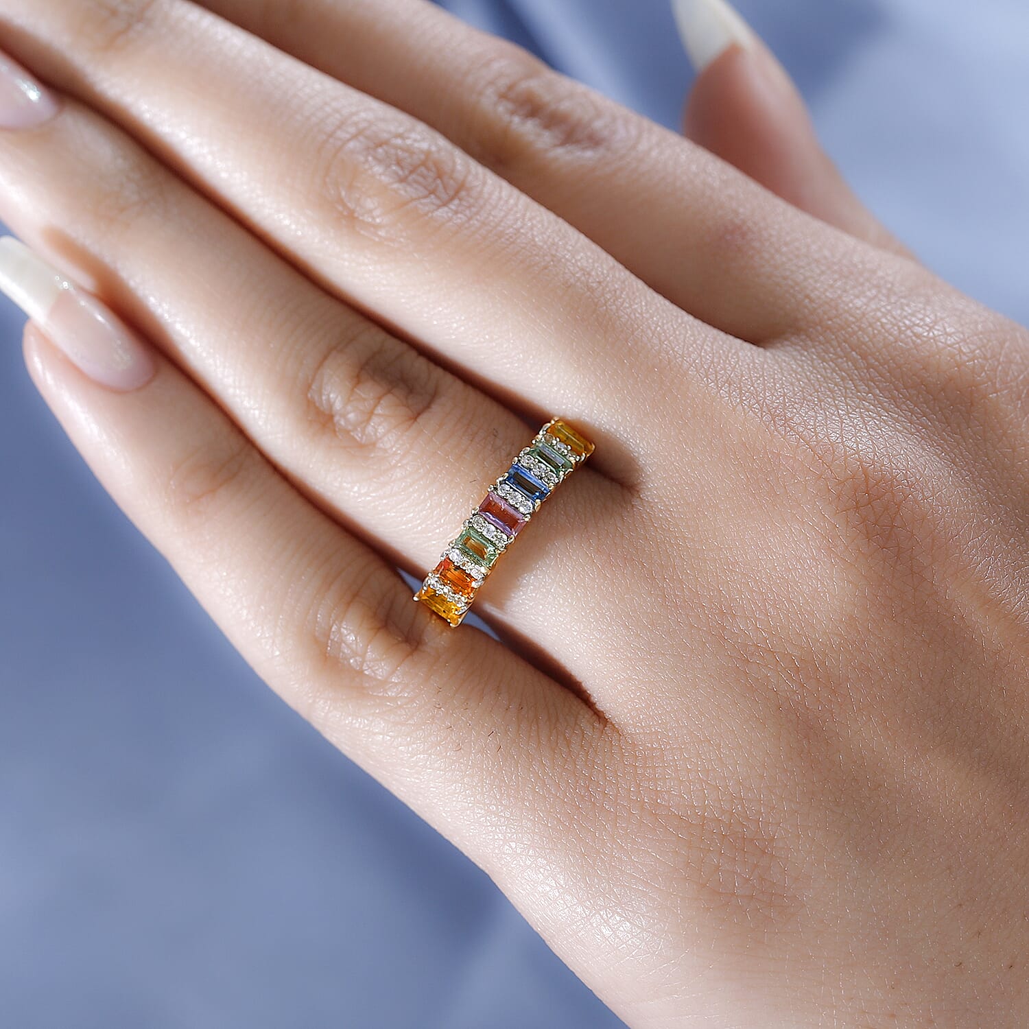 9K Yellow Gold Multi Sapphire and Natural Zircon Ring 1.21 Ct