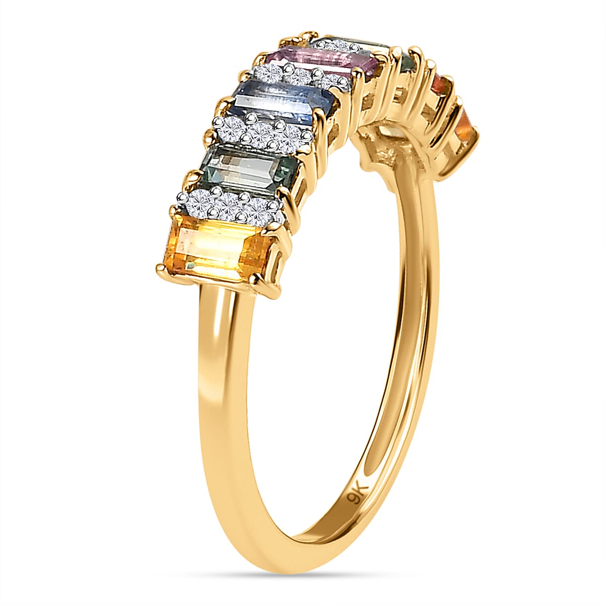 9K Yellow Gold Multi Sapphire and Natural Zircon Ring 1.21 Ct