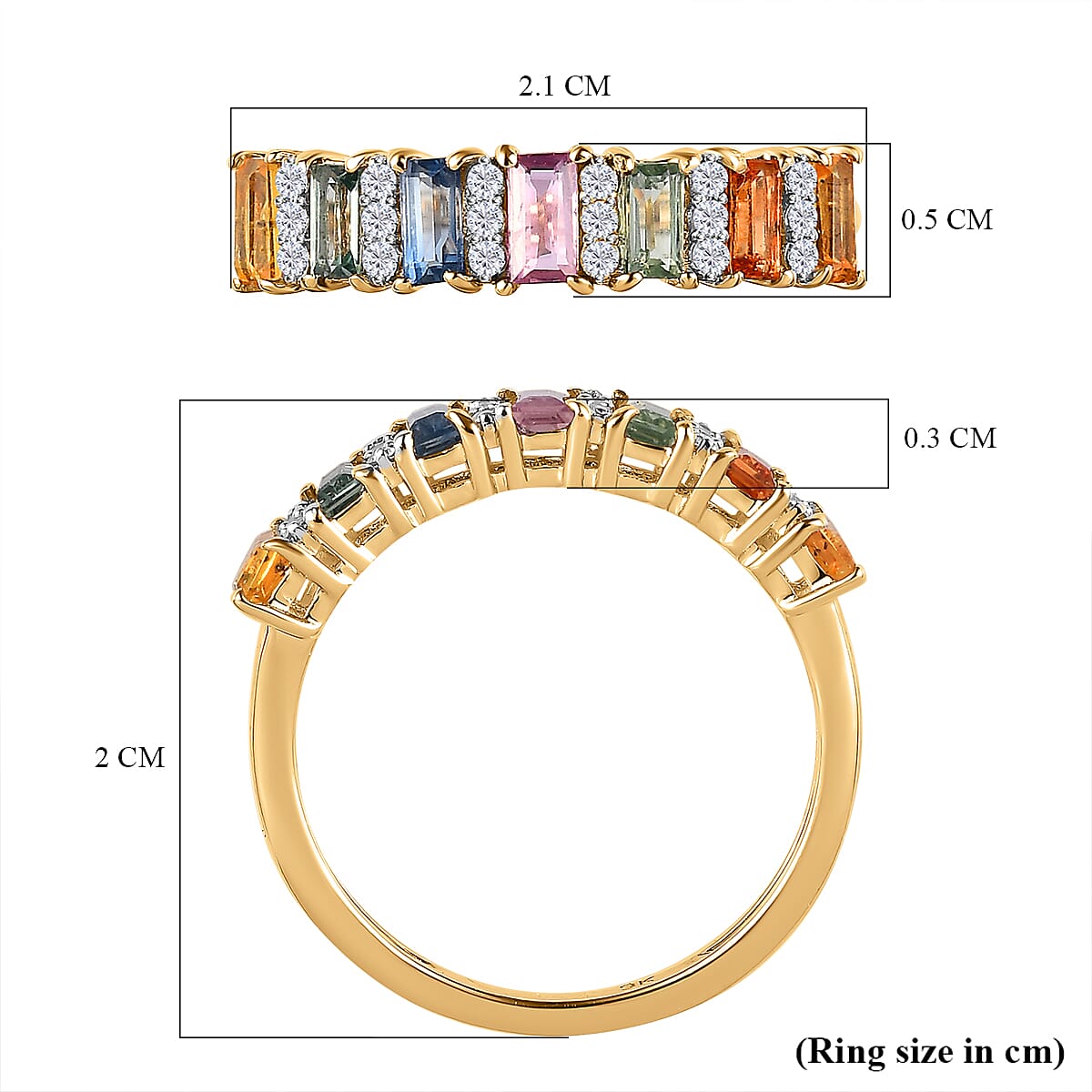 9K Yellow Gold Multi Sapphire and Natural Zircon Ring 1.21 Ct