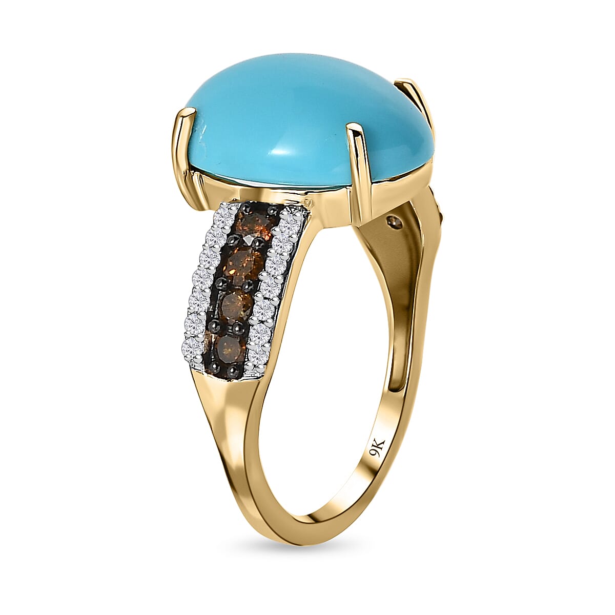 9K Yellow Gold Arizona Sleeping Beauty Turquoise, Red Diamond and White Diamond Ring 5.15 Ct.