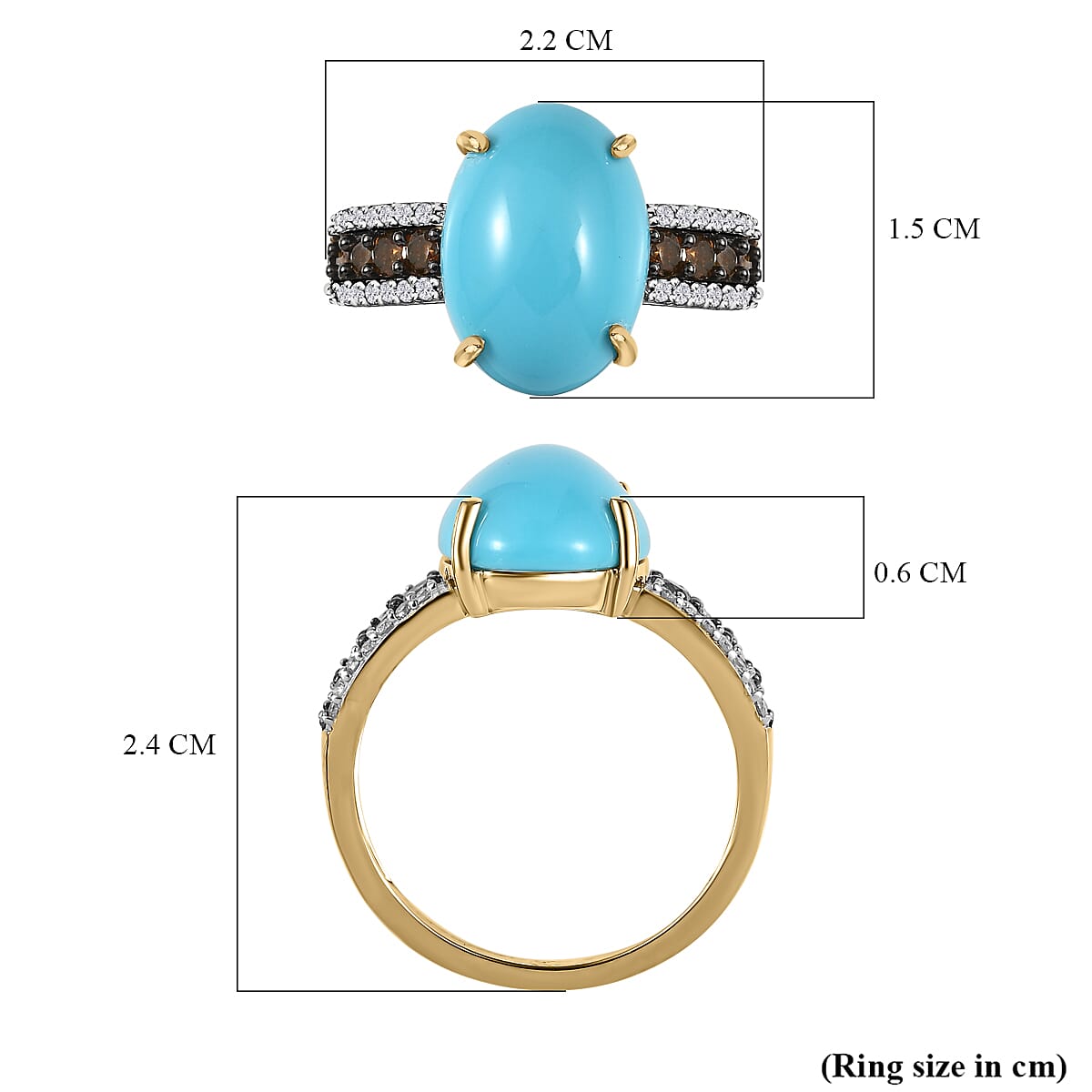 9K Yellow Gold Arizona Sleeping Beauty Turquoise, Red Diamond and White Diamond Ring 5.15 Ct.
