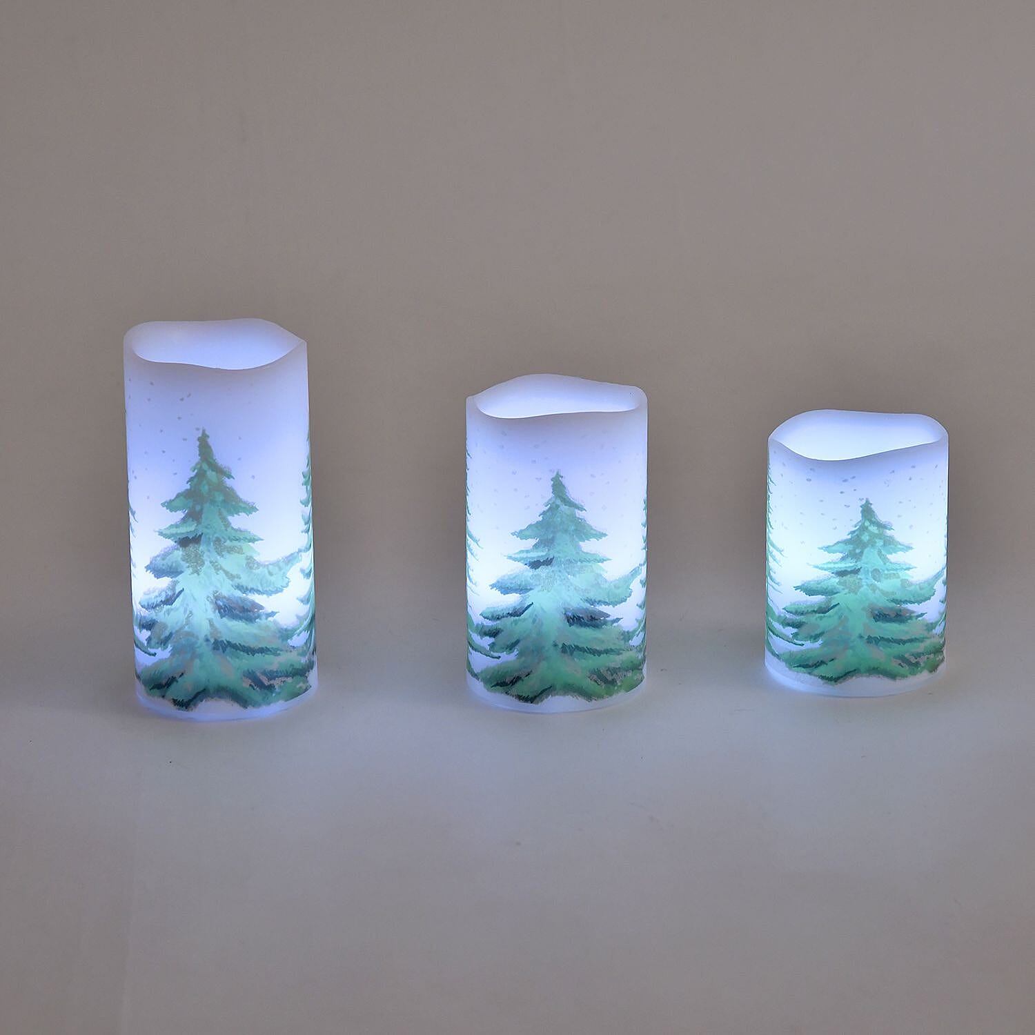 Set of 3 - Homesmart Snow Tree Pattern LED 12 Colour Change Candle with Remote - White & Green