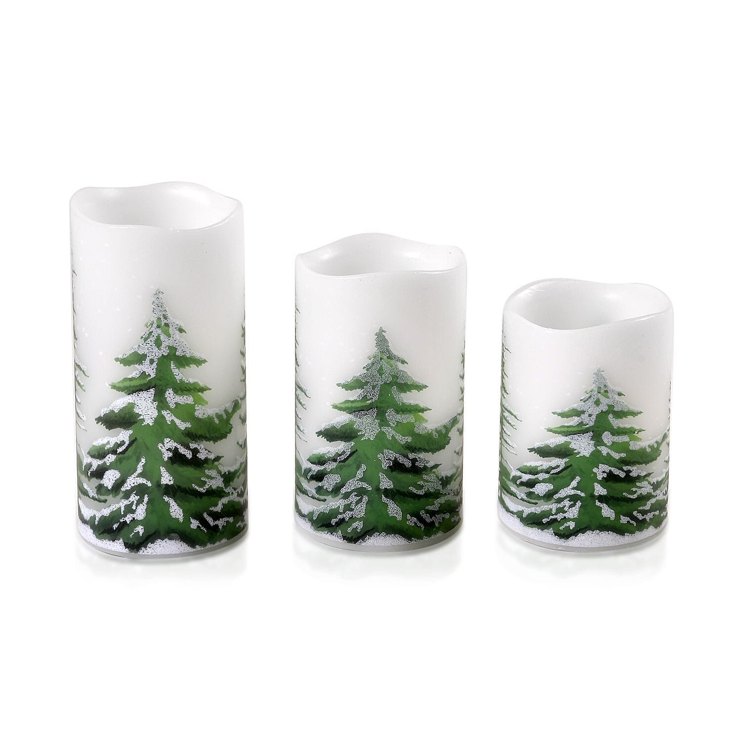 Set of 3 - Homesmart Snow Tree Pattern LED 12 Colour Change Candle with Remote - White & Green